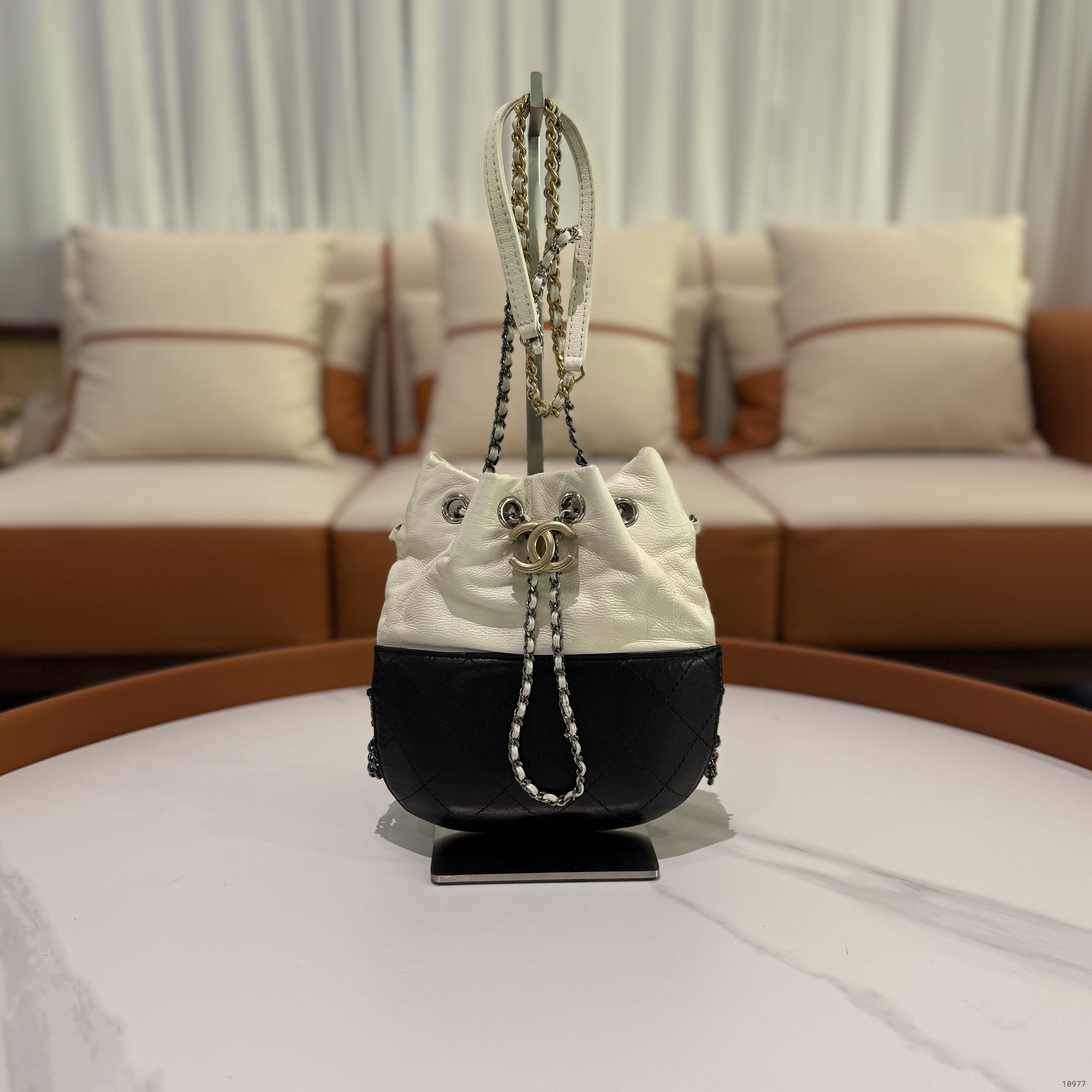 CHANEL GABRIELLE DRAWSTRING HOBO BAG PANDA COLOR LAMBSKIN & CALFSKIN