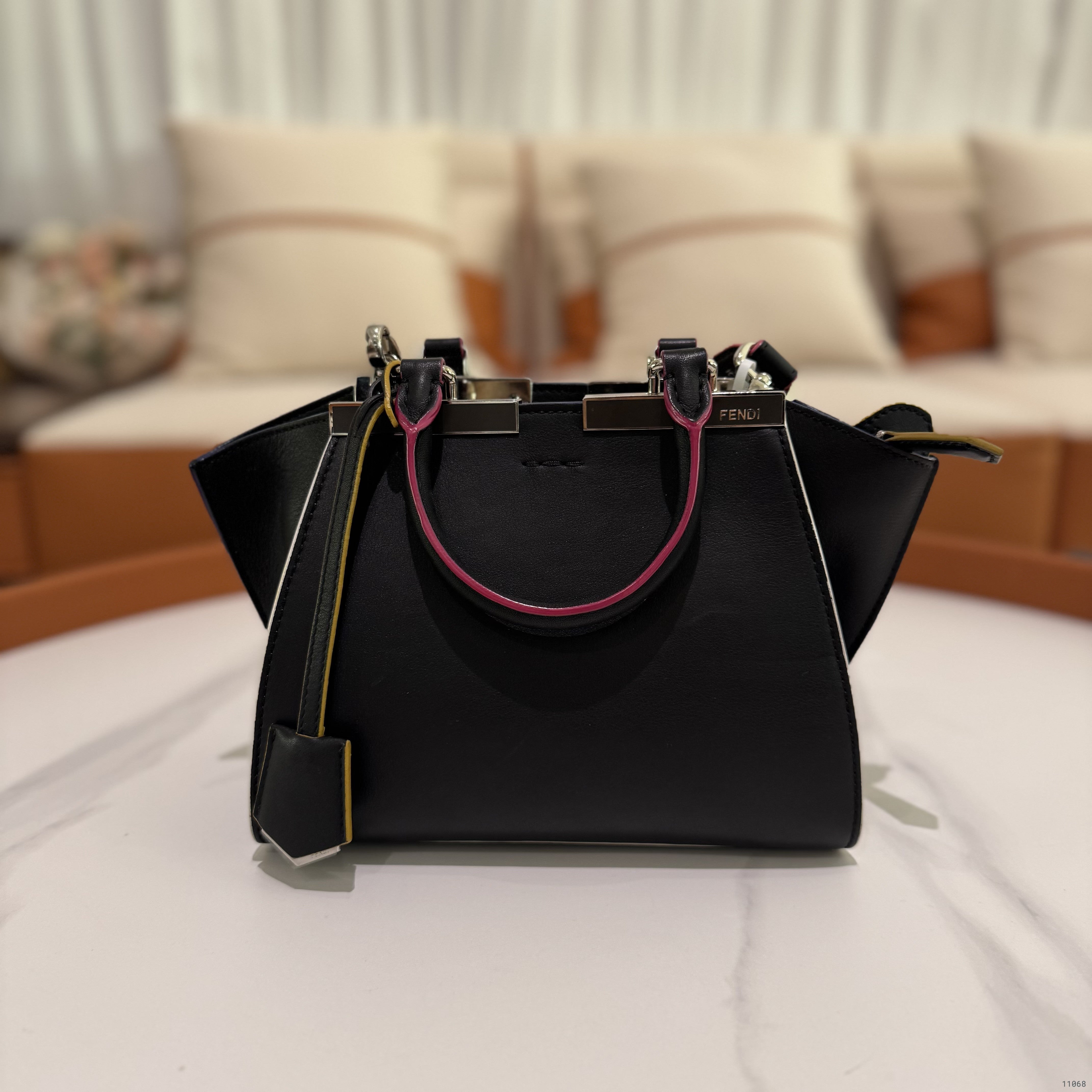 FENDI 3JOURS BLACK CALFSKIN BATWING BAG WITH SILVER HARDWARE