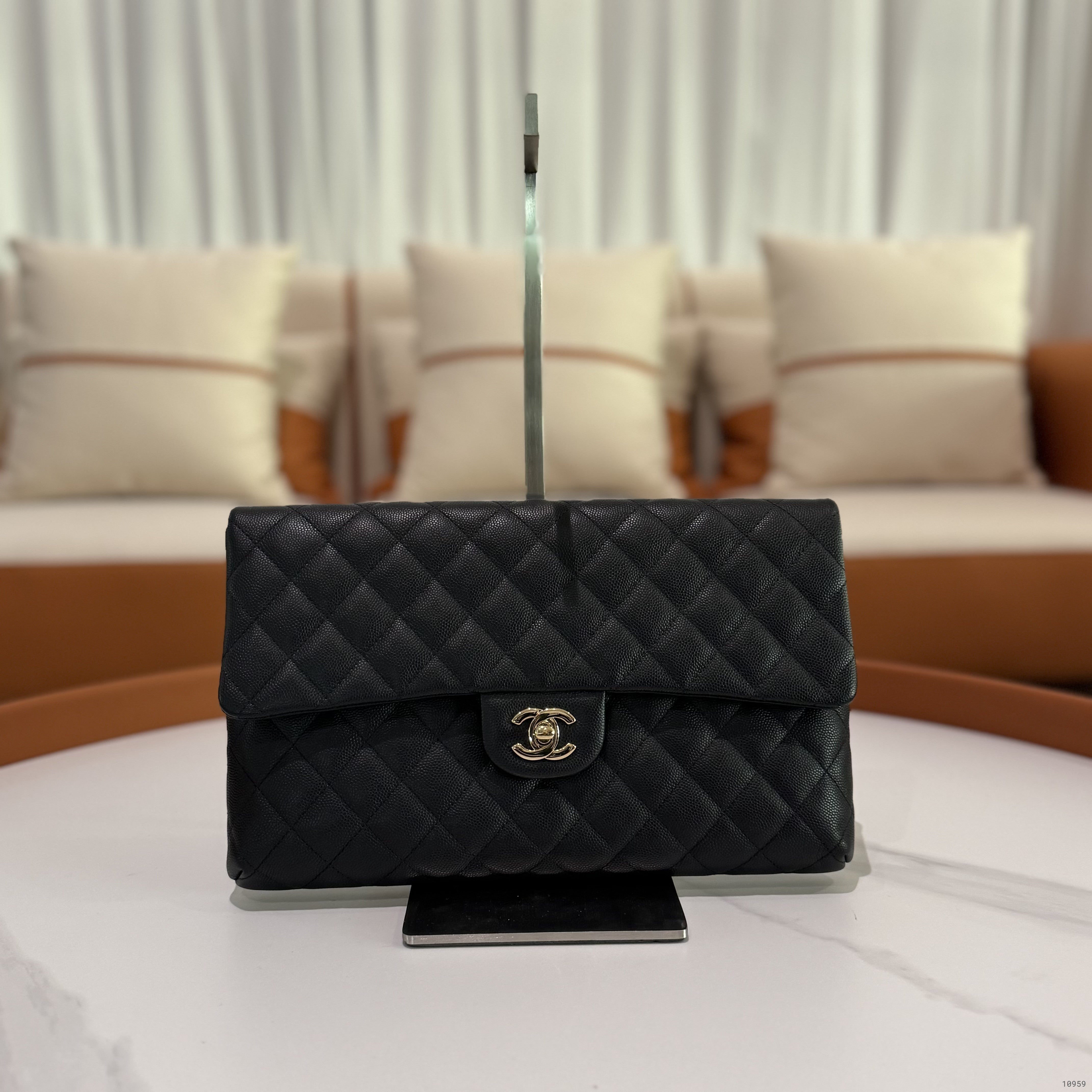 CHANEL CF BLACK CAVIAR LEATHER CLUTCH EVENING BAG WITH GOLD HARDWARE
