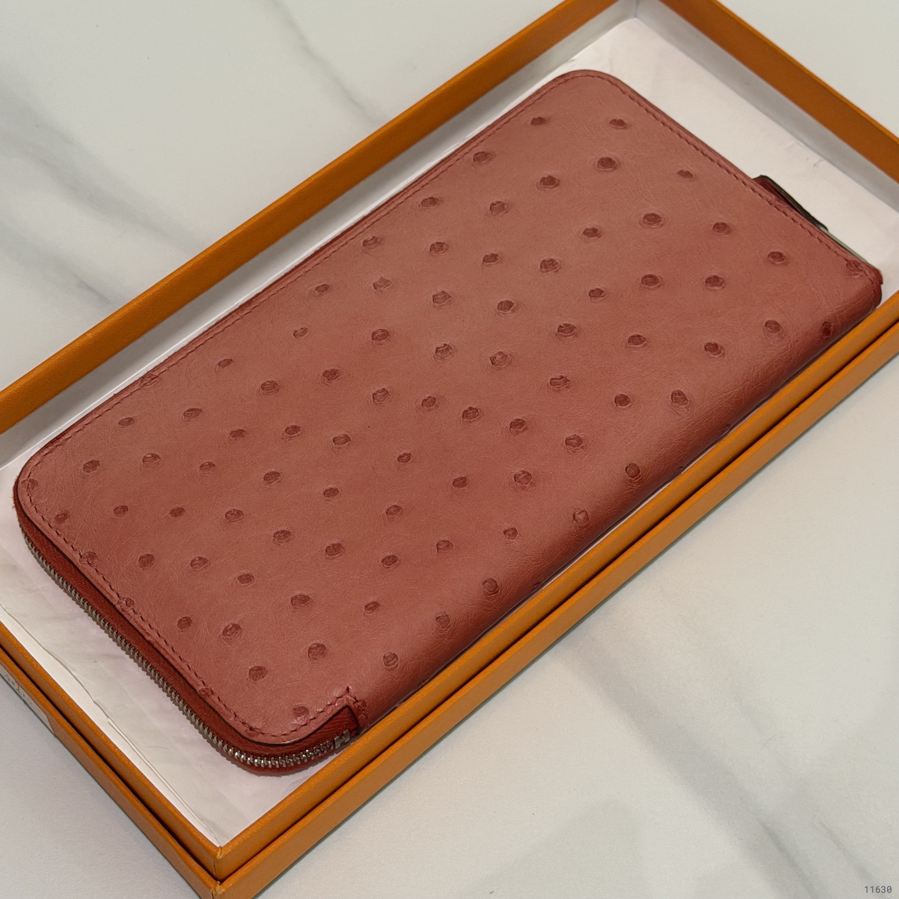 Hermes Ostrich Leather Long Zip Wallet Coral Pink