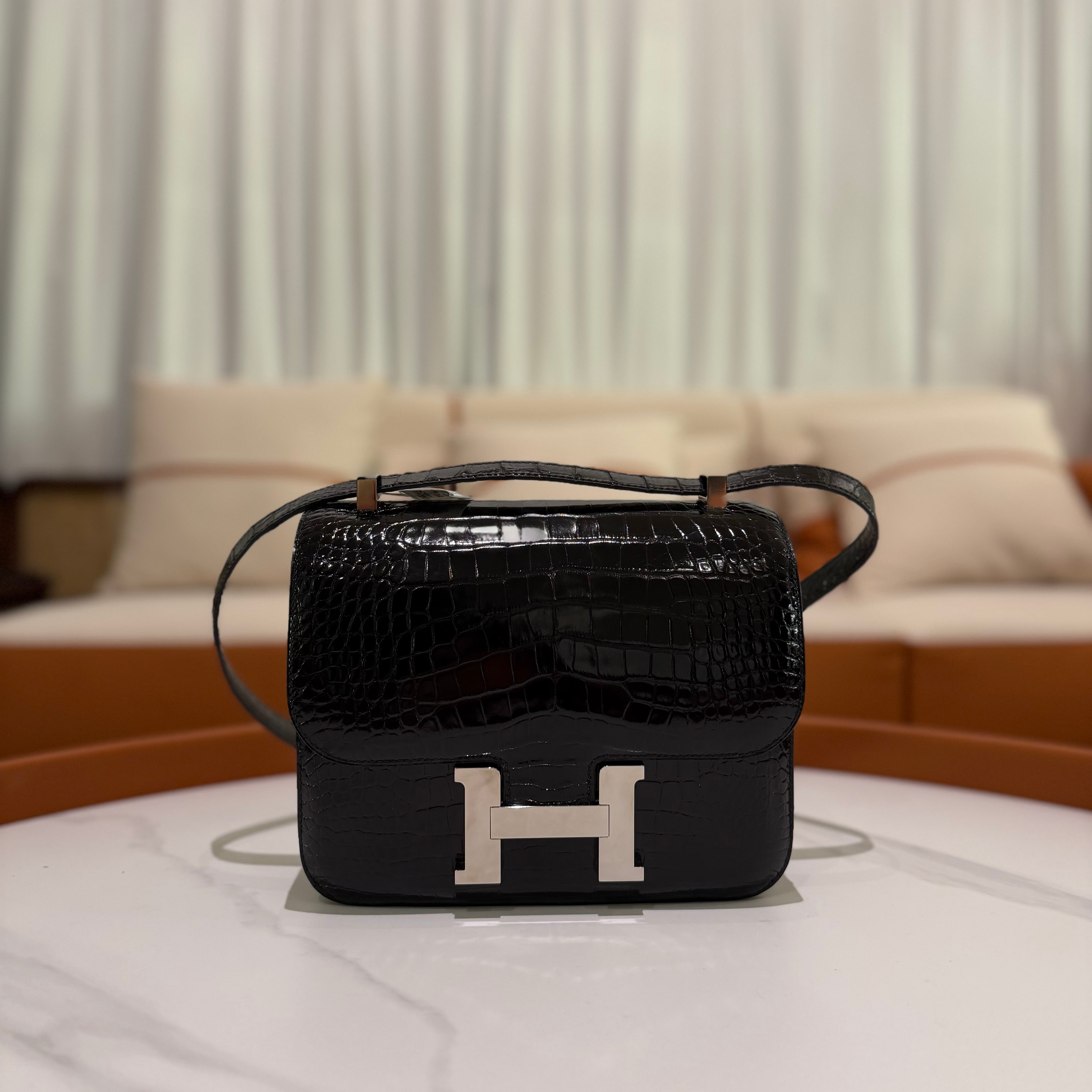 Hermes Constance 24 Shiny Crocodile Black with Silver Hardware (Stamp A)