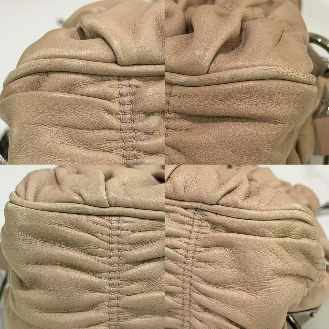Prada Beige Gathered Leather Top Handle Bag with Silver Hardware