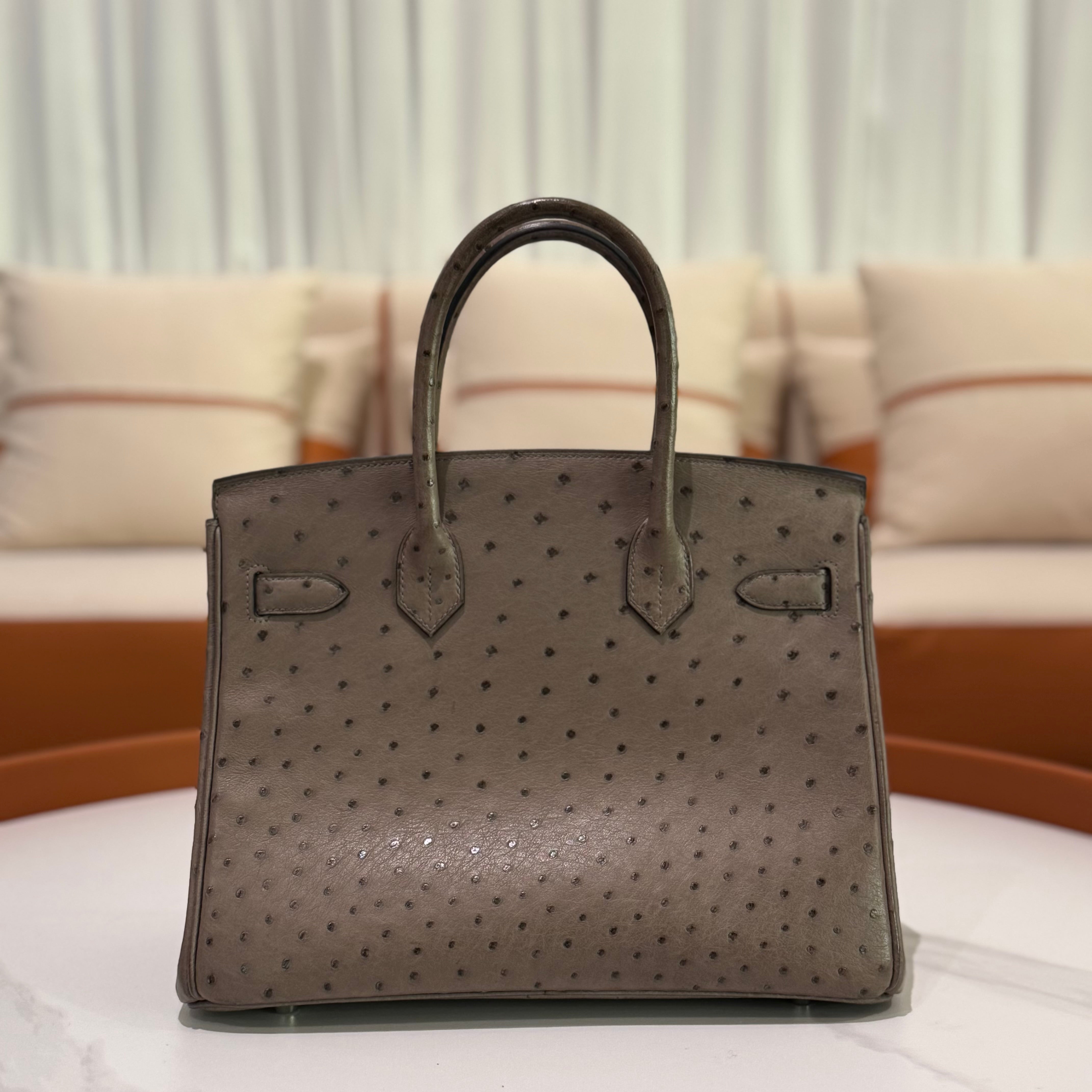 HERMÈS BIRKIN 30 OSTRICH LEATHER MOUSE GREY SILVER HARDWARE O STAMP