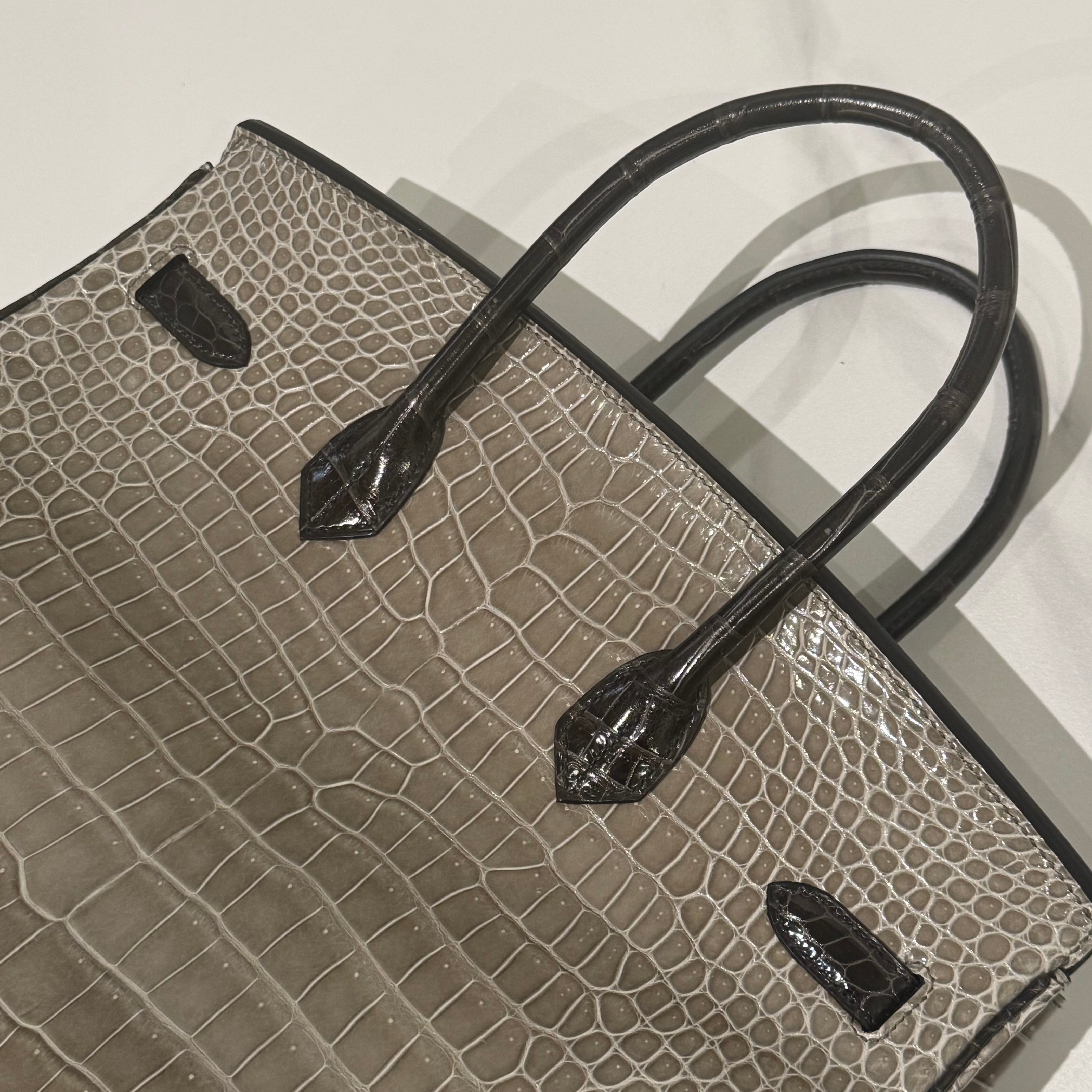 HERMÈS BIRKIN 35 GRIS TOURTERELLE CROCODILE POROSUS LISSE WITH BLACK HANDLE & PALLADIUM HARDWARE FULL STICKERS STAMP Y