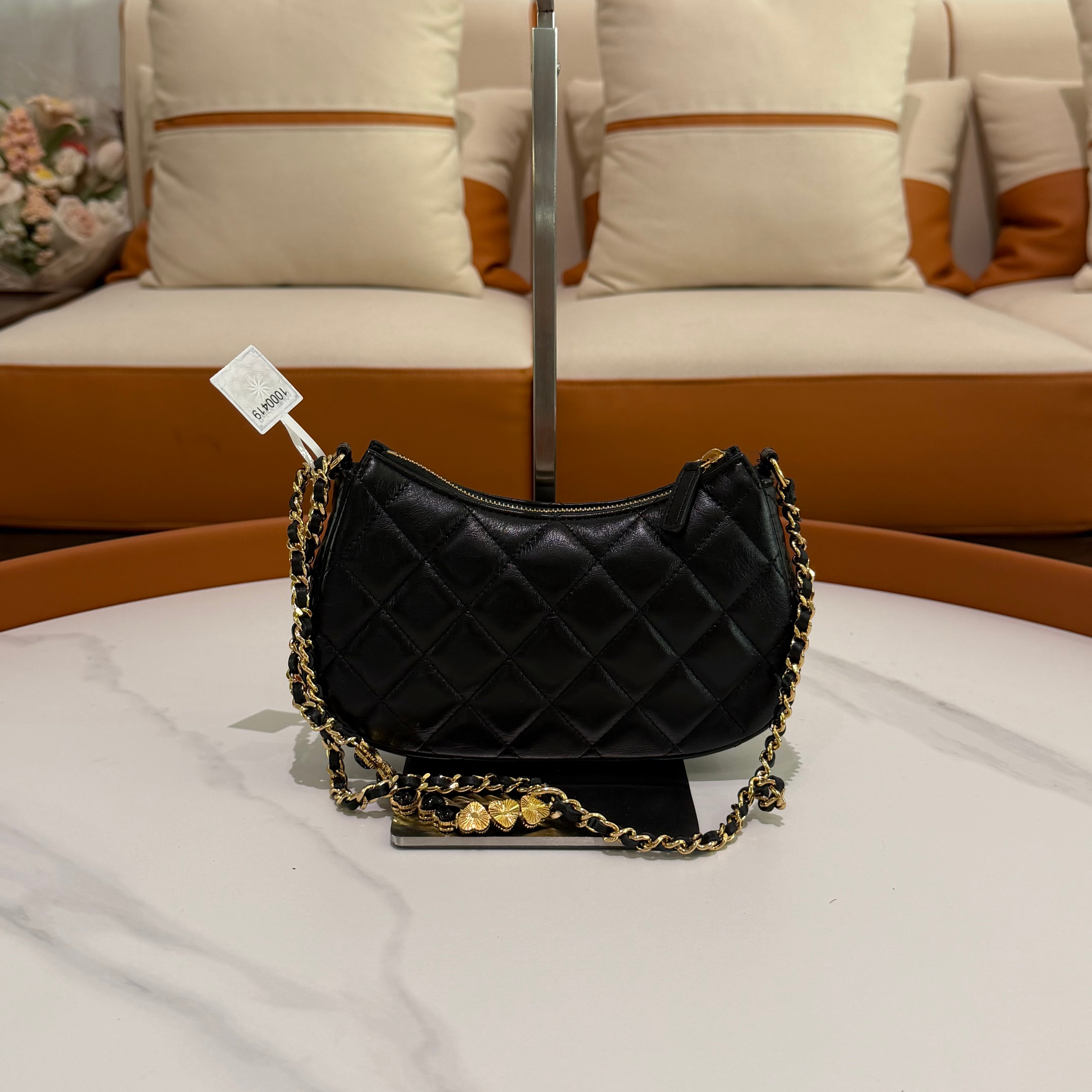 Chanel Hobo Black with Gold Heart Enamel Chain Shoulder Bag