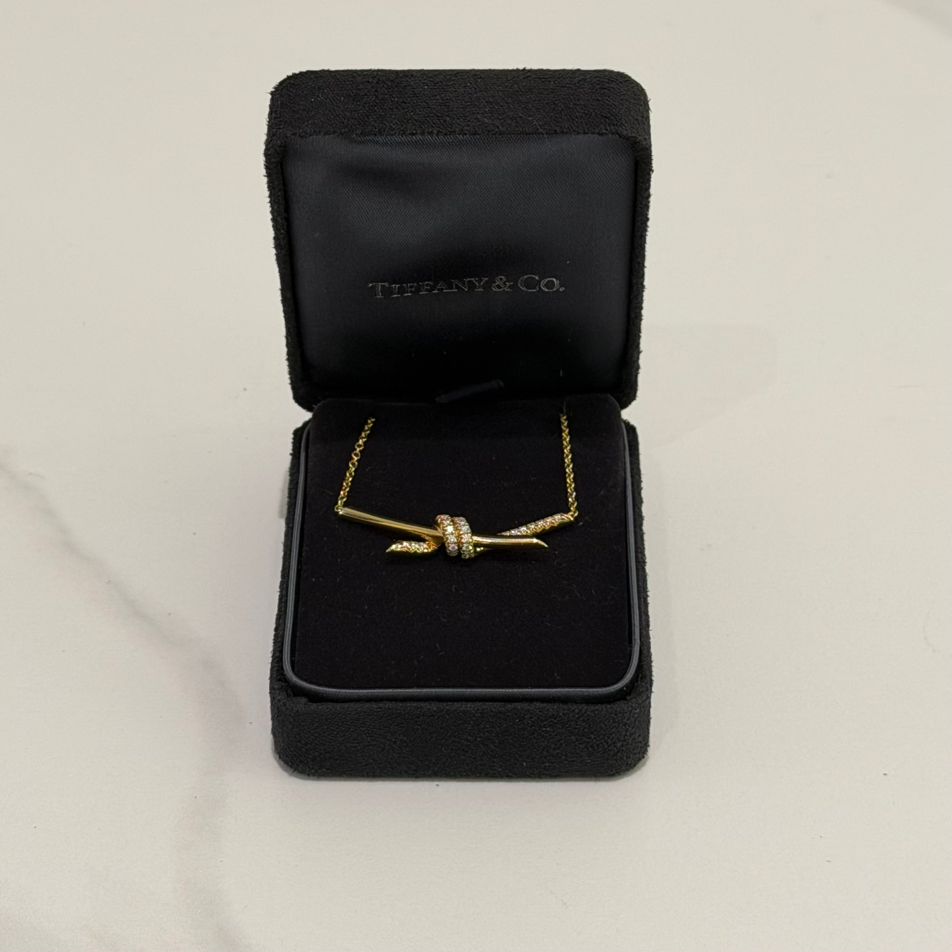 Tiffany & Co. Knot 18K Gold Single-Row Diamond Double-Ring Pendant Necklace