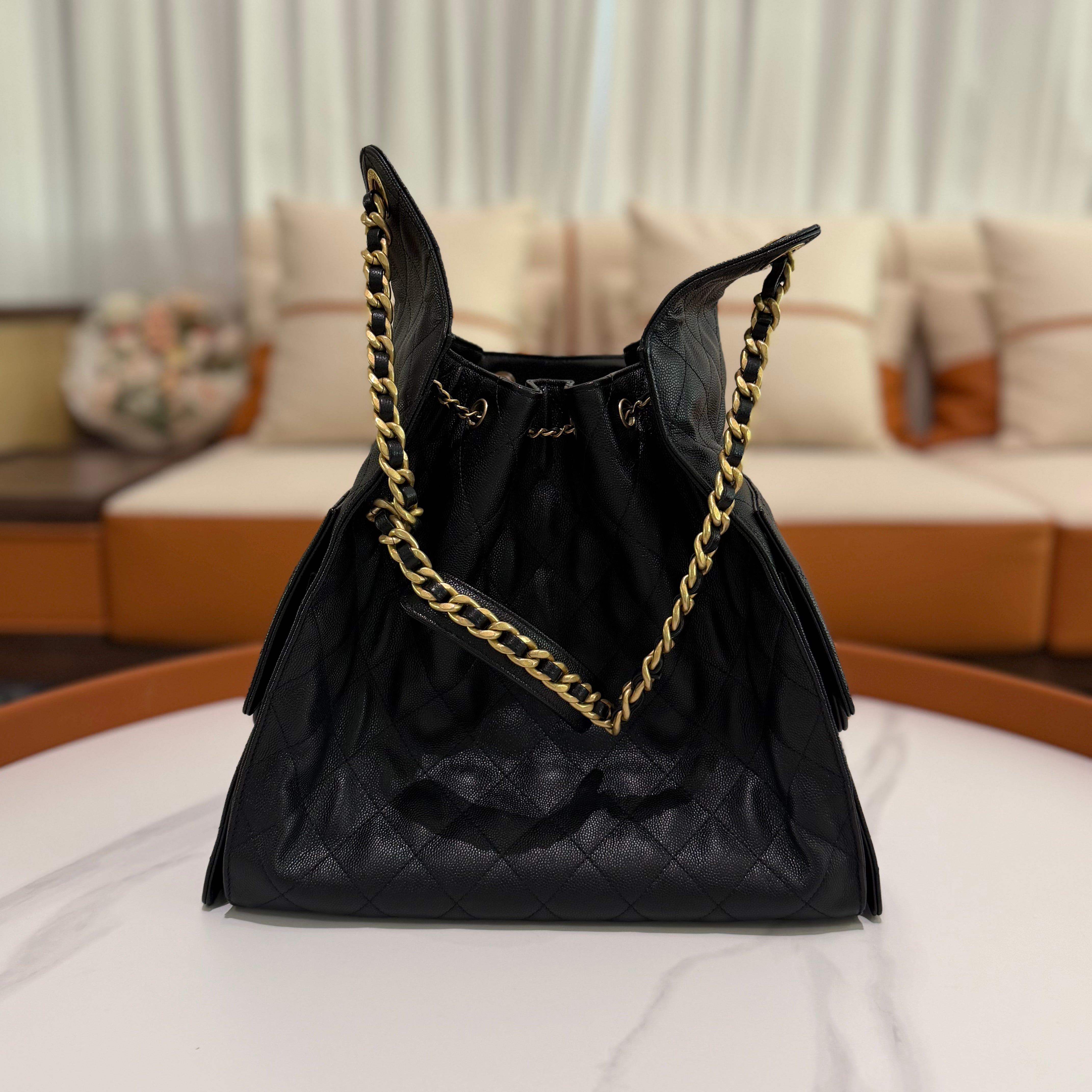 CHANEL 25 HOBO MEDIUM BLACK CAVIAR LEATHER WITH GOLD HARDWARE (CHIP MODEL)