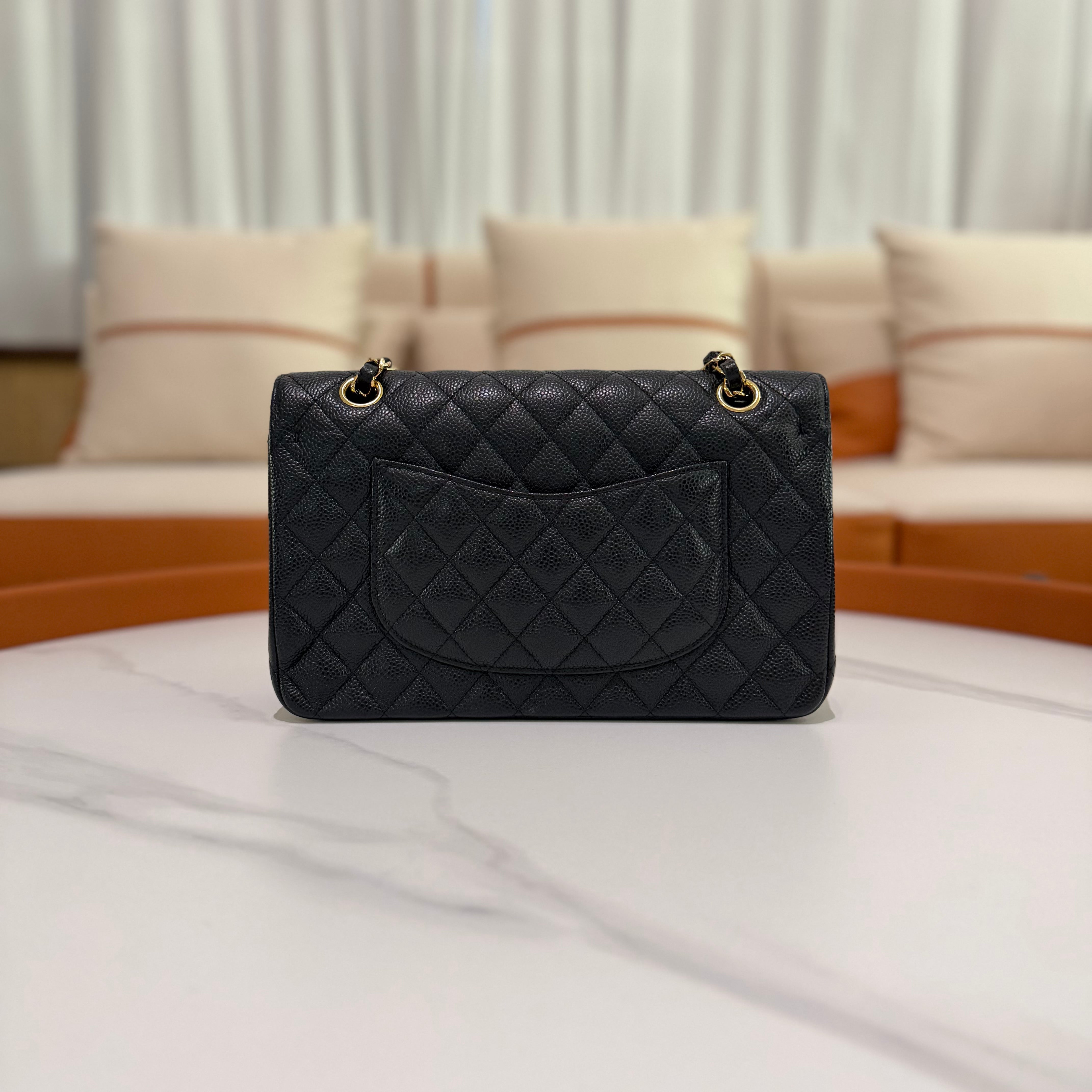 Chanel Classic Flap Medium Black Caviar Leather with Gold Hardware (Authenticity Card Version)