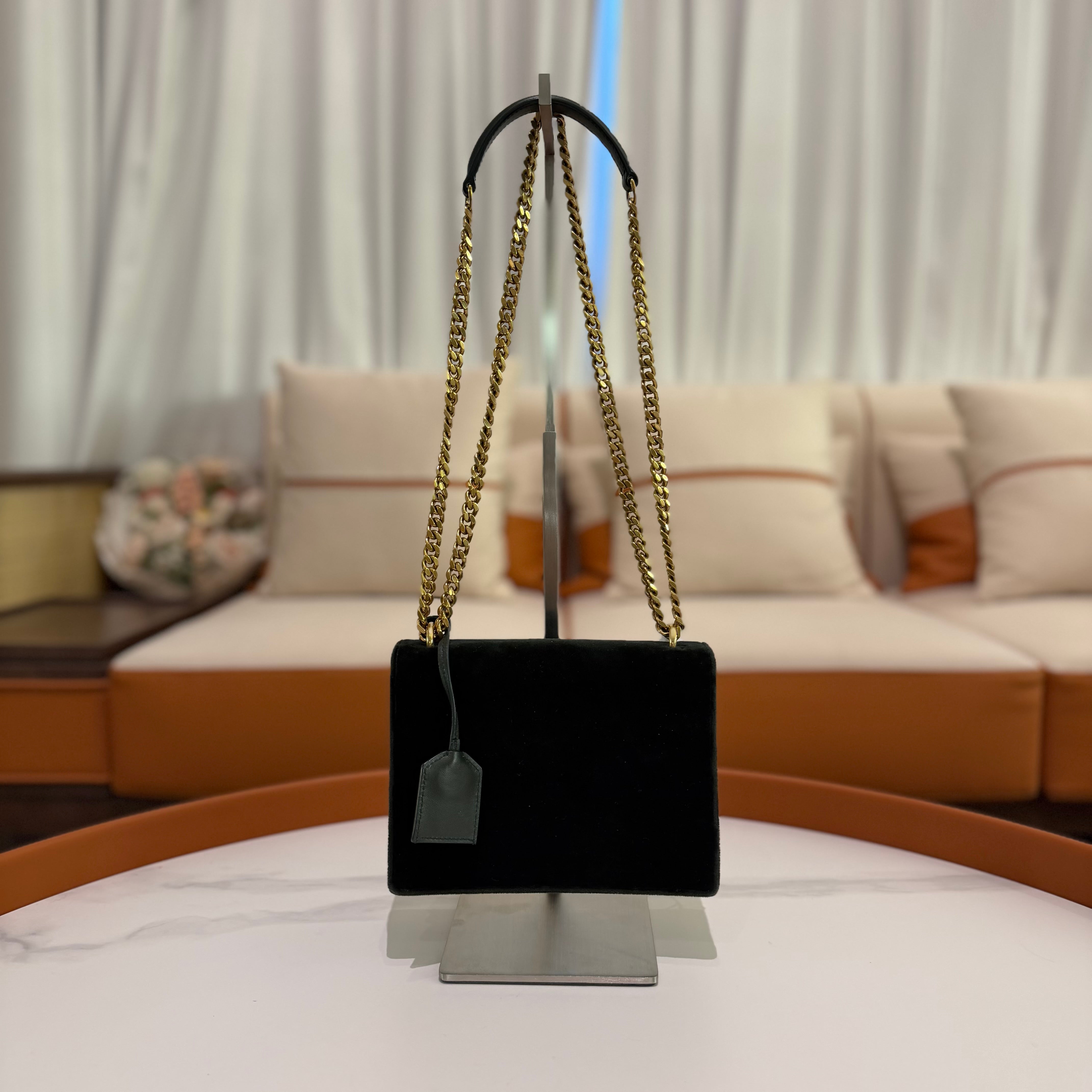 Saint Laurent Sunset Black Velvet Chain Shoulder Bag