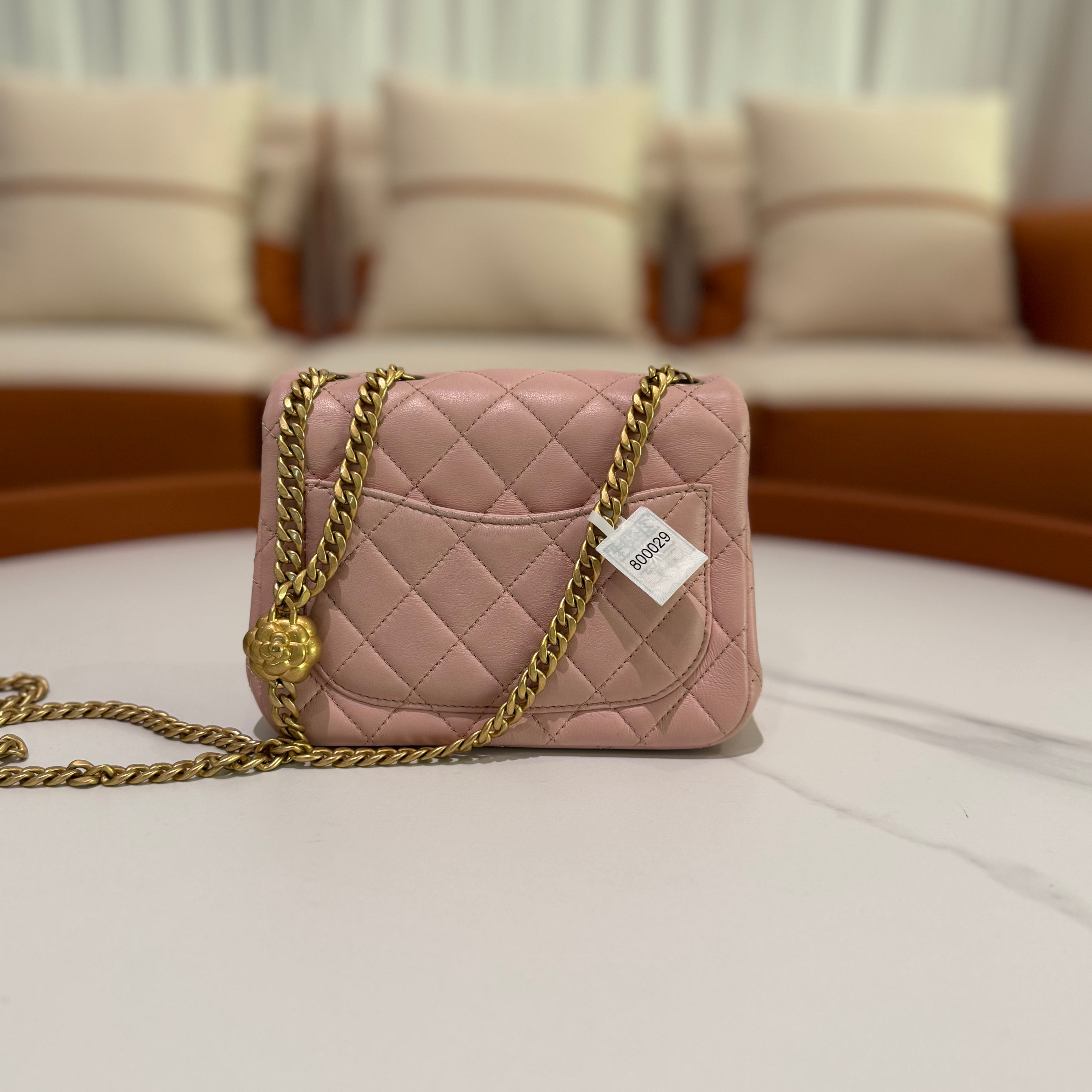 CHANEL CF MINI LAMBSKIN CAMELLIA GOLD BALL RECTANGULAR FLAP (MICROCHIP)