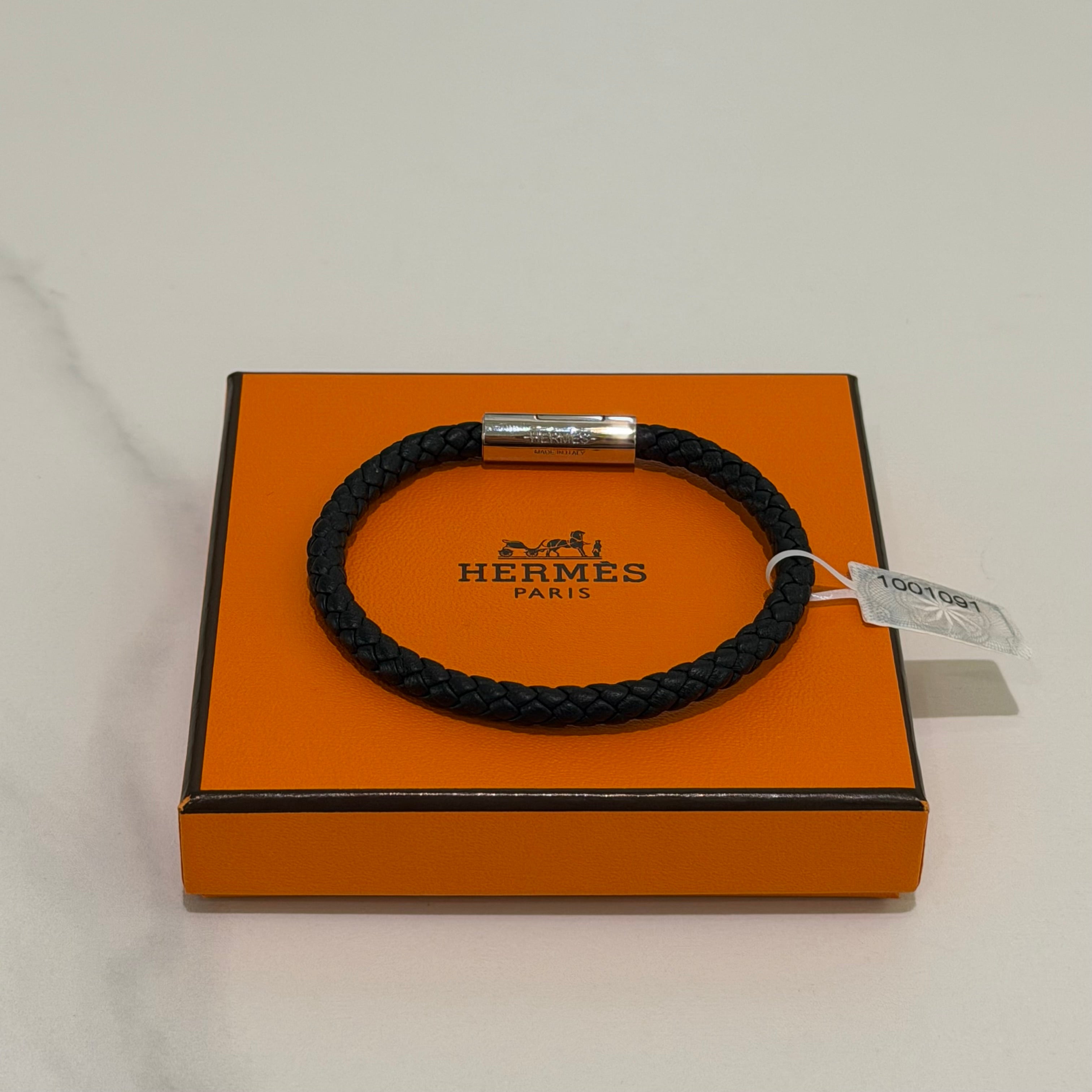 Hermes Black & Silver Leather Braided Bracelet