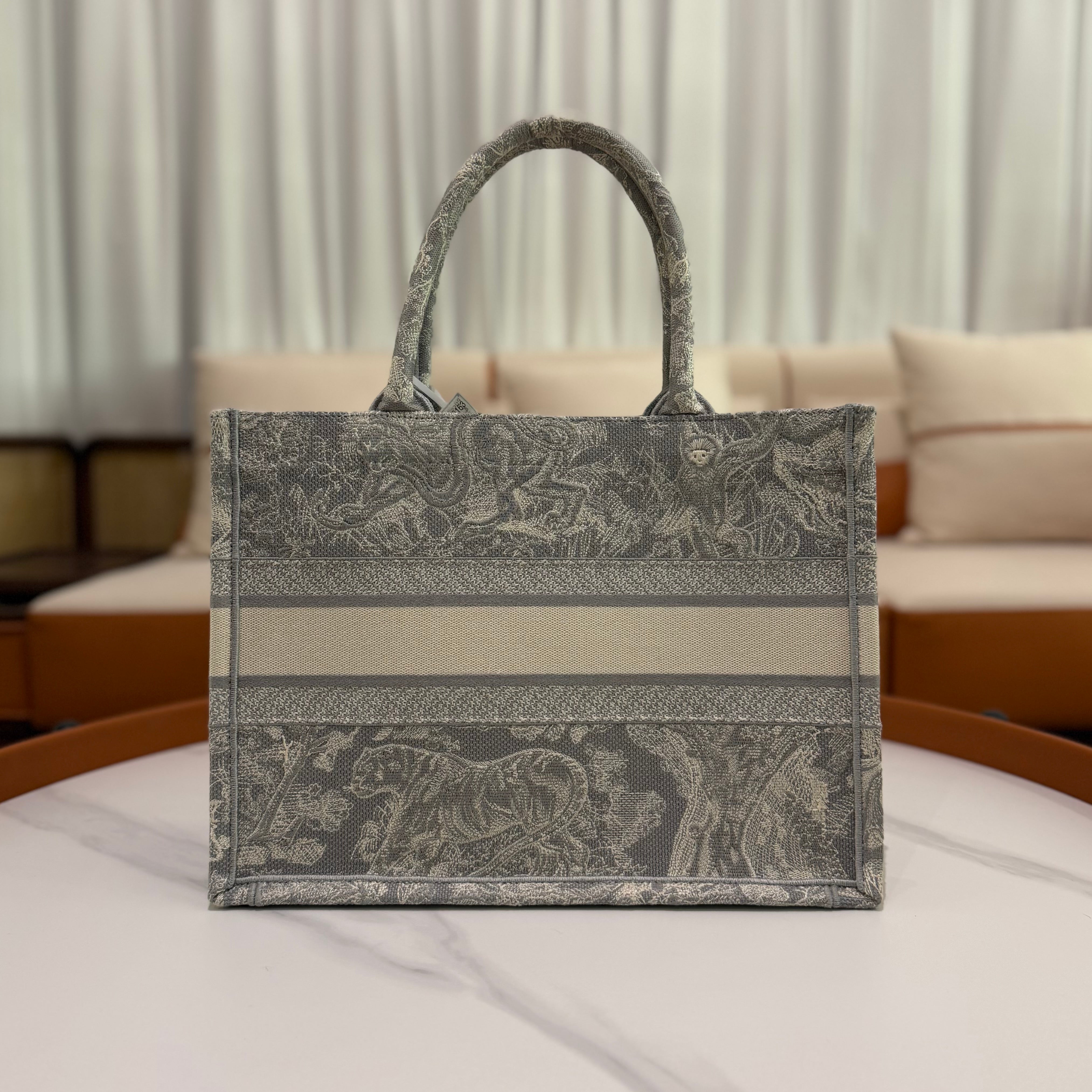 Dior Tote Grey Zoo Embroidery Medium