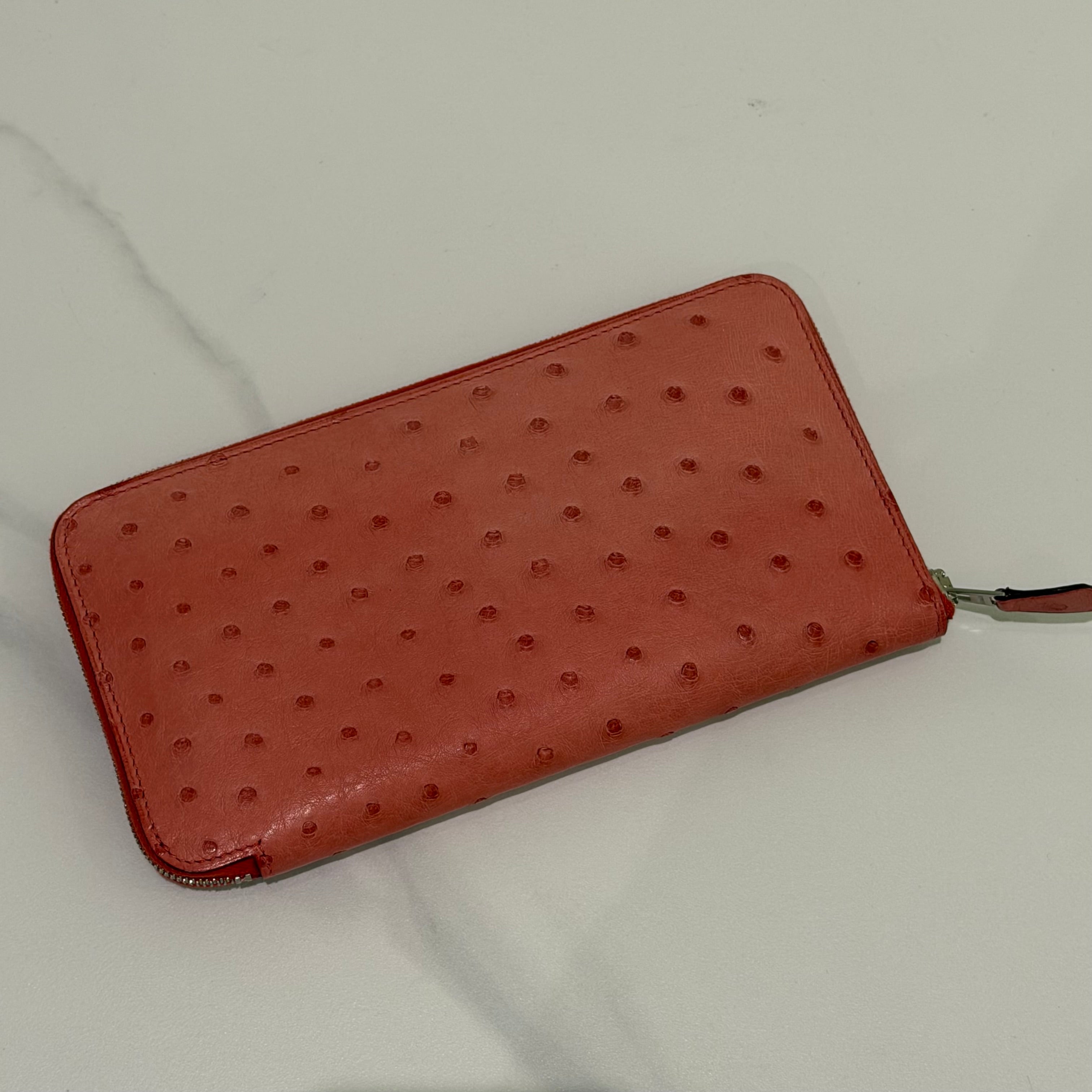 Hermes Ostrich Leather Long Zip Wallet Coral Pink