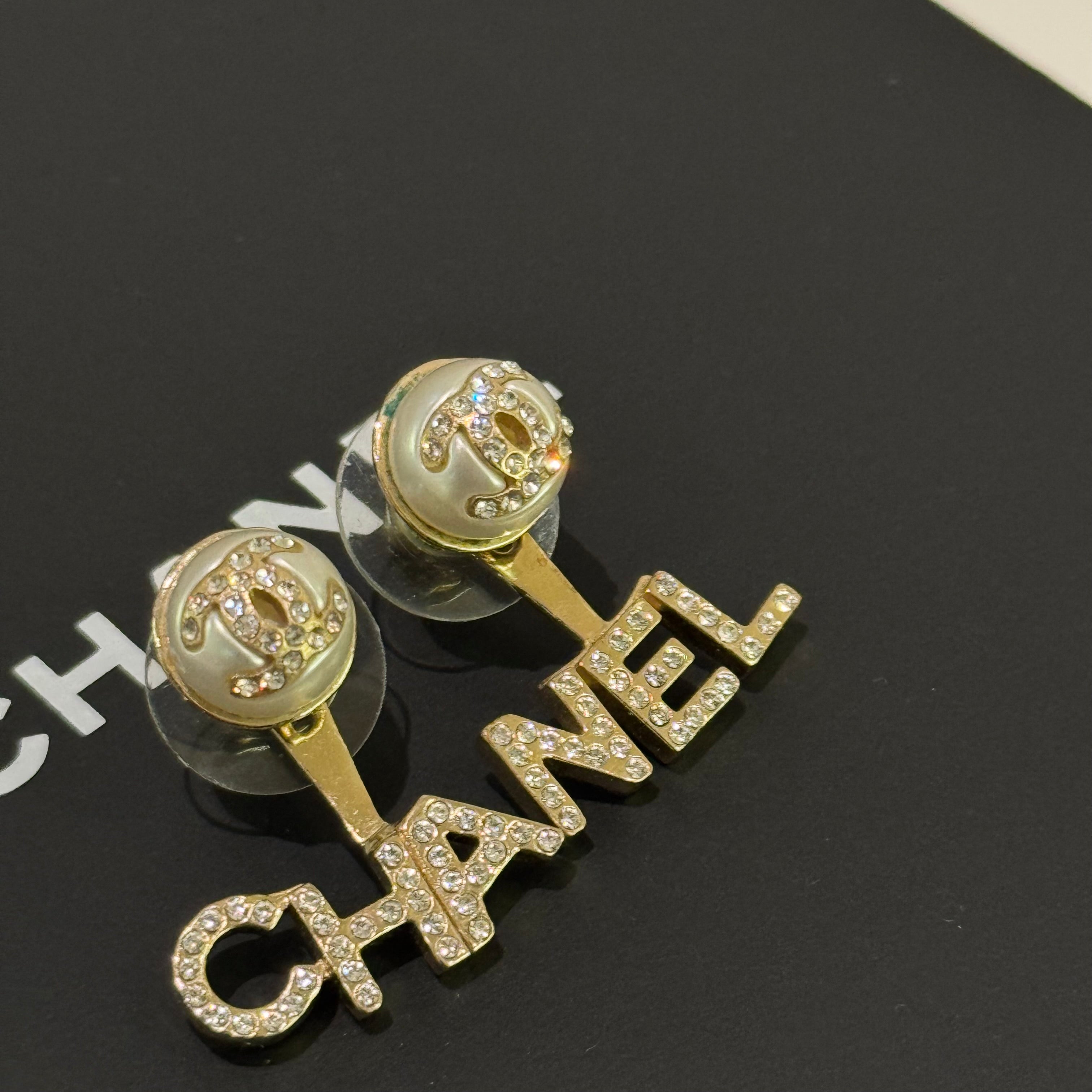 CHANEL DETACHABLE LOGO PEARL CRYSTAL EARRINGS