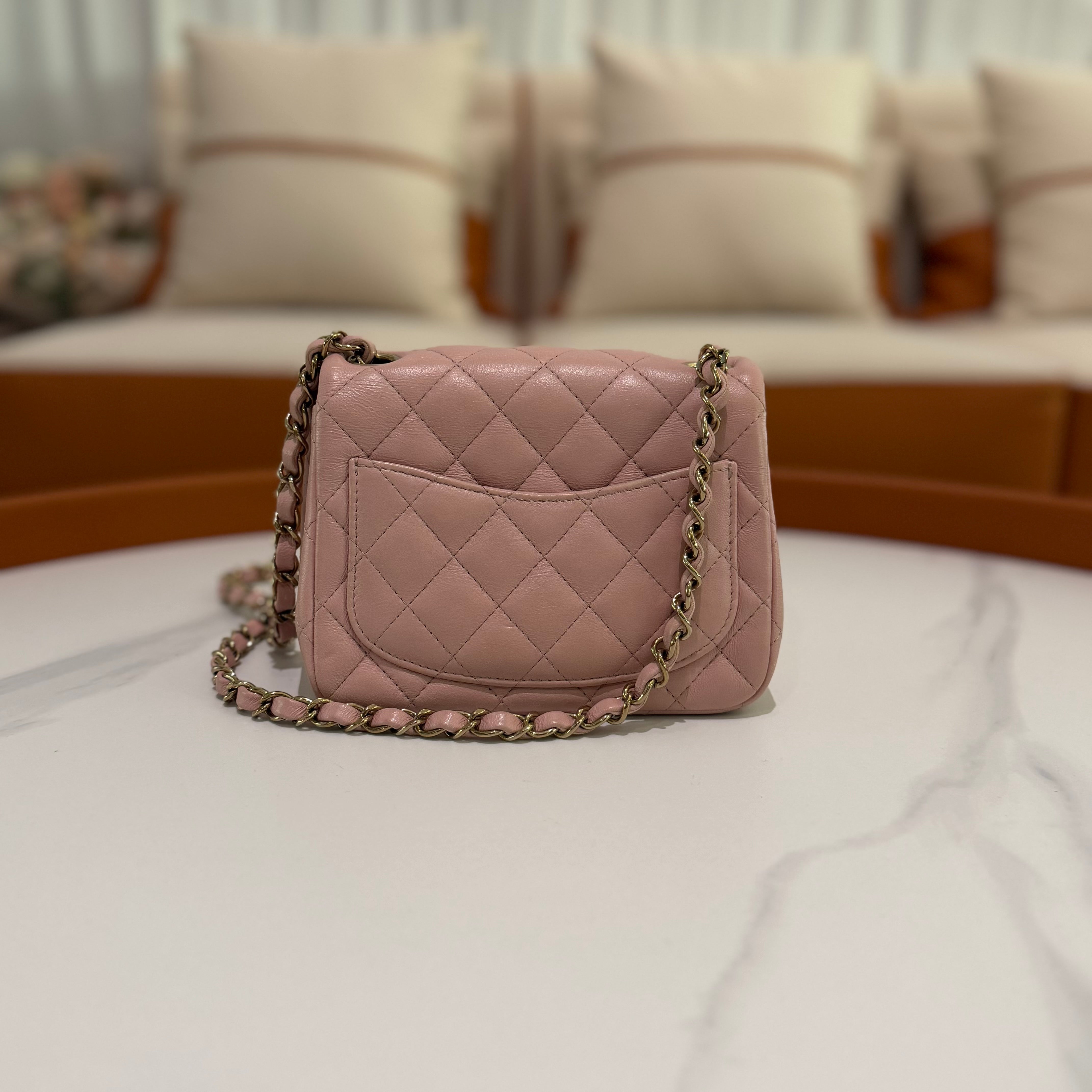 CHANEL CLASSIC FLAP MINI RECTANGULAR PINK LAMBSKIN WITH GOLD HARDWARE (CHIP MODEL)