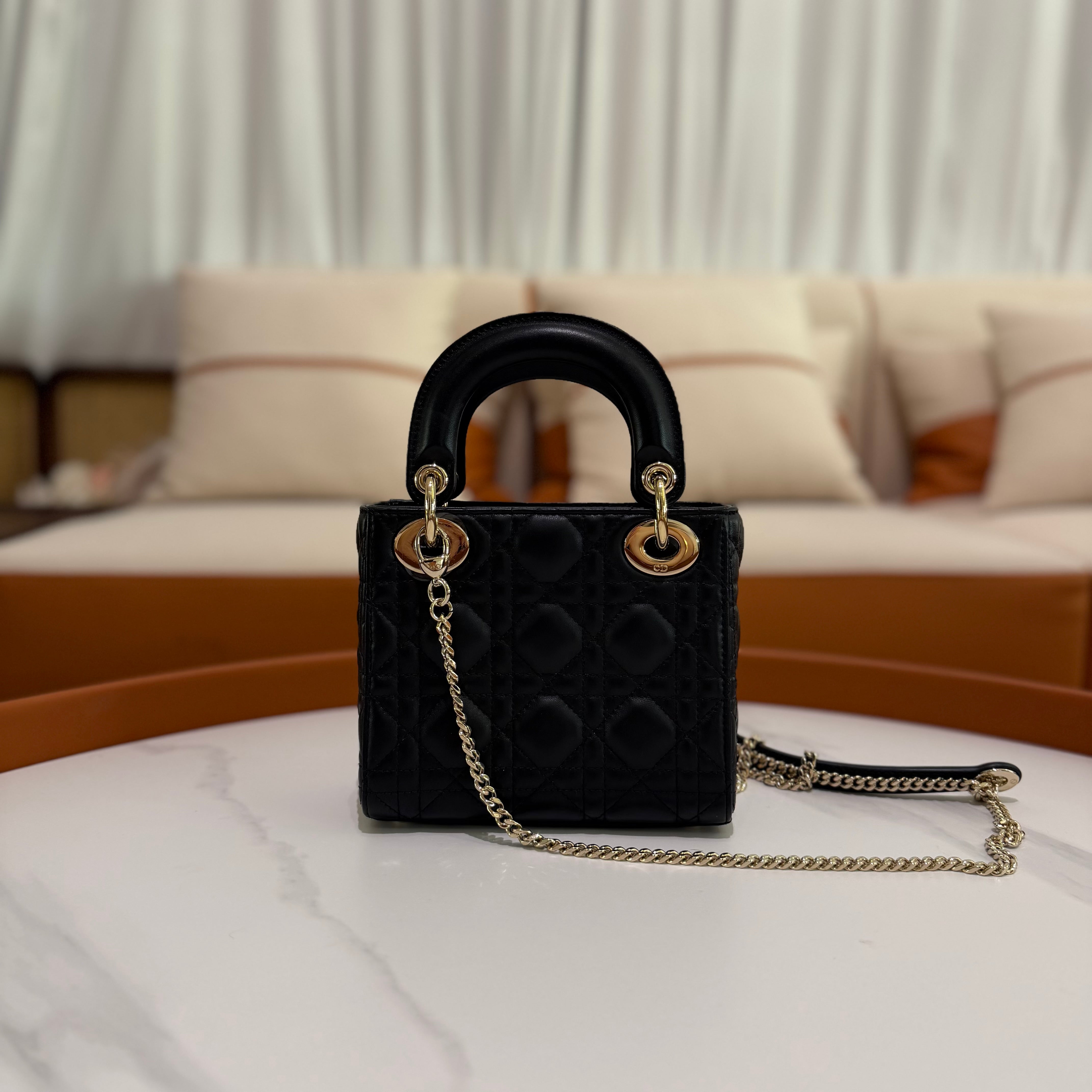 Dior Lady Dior Black Lambskin Medium Bag with Gold Hardware
