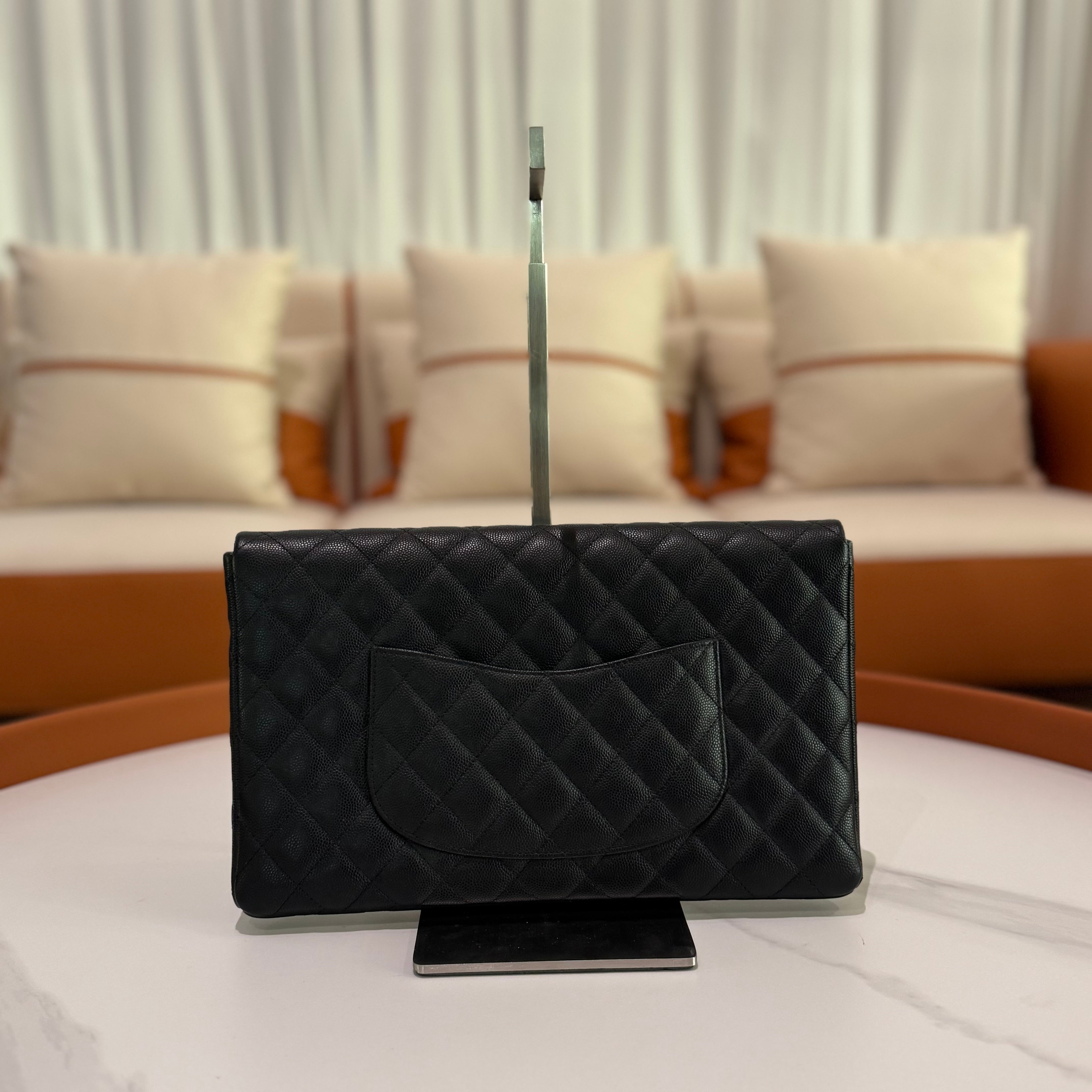 CHANEL CF BLACK CAVIAR LEATHER CLUTCH EVENING BAG WITH GOLD HARDWARE