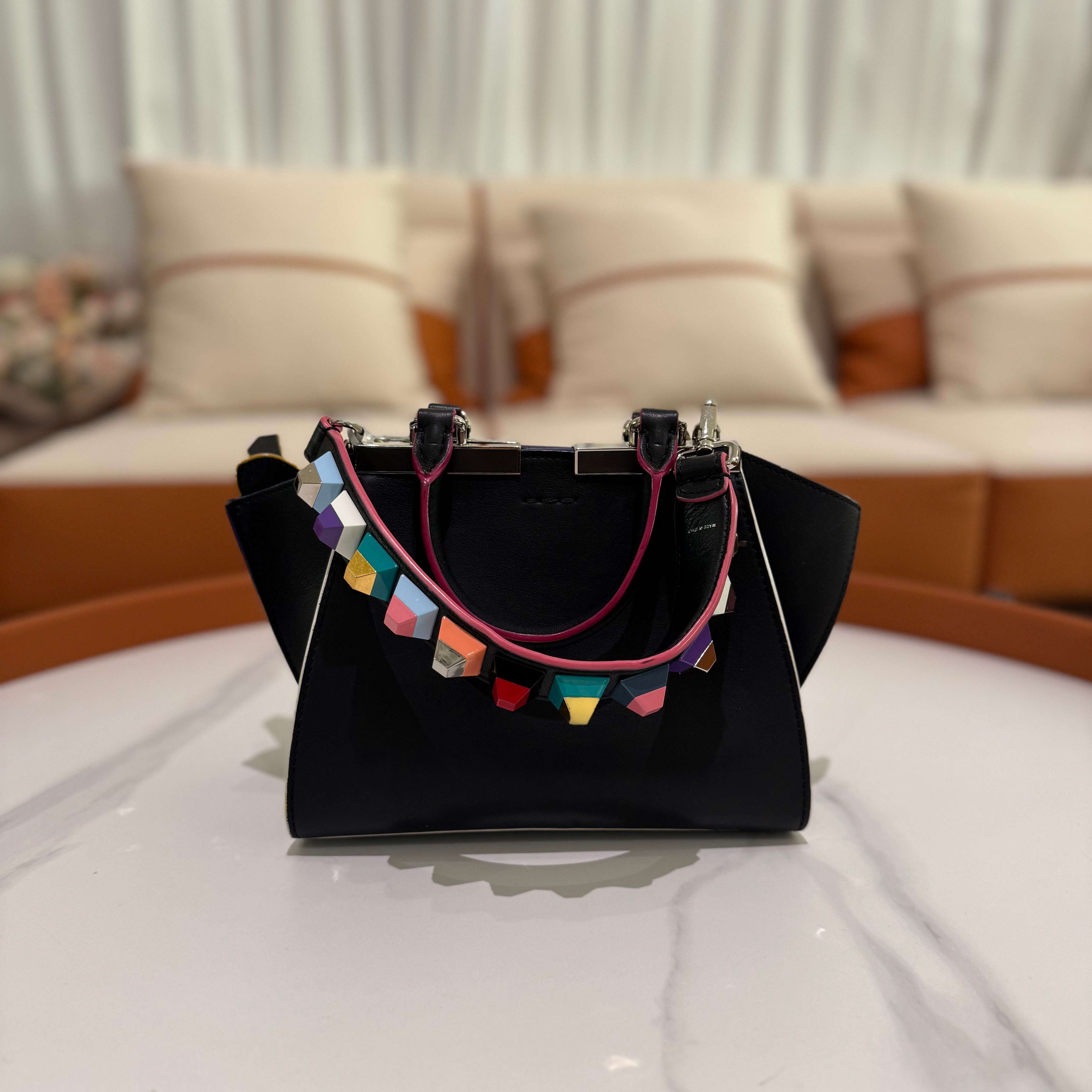 FENDI 3JOURS BLACK CALFSKIN BATWING BAG WITH SILVER HARDWARE
