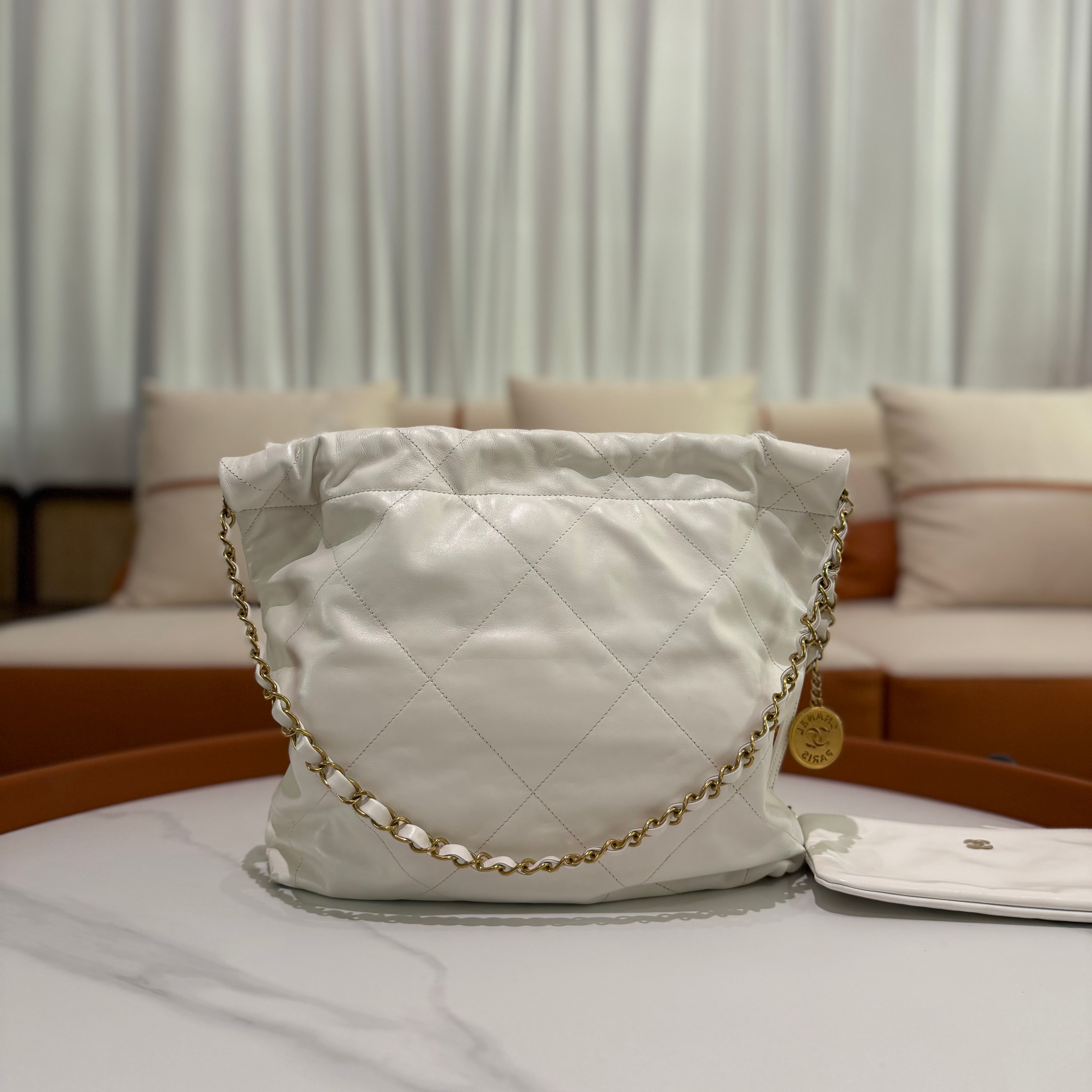 Chanel 22 Small Bag White Shiny Calfskin with Gold Hardware (Chip Model)