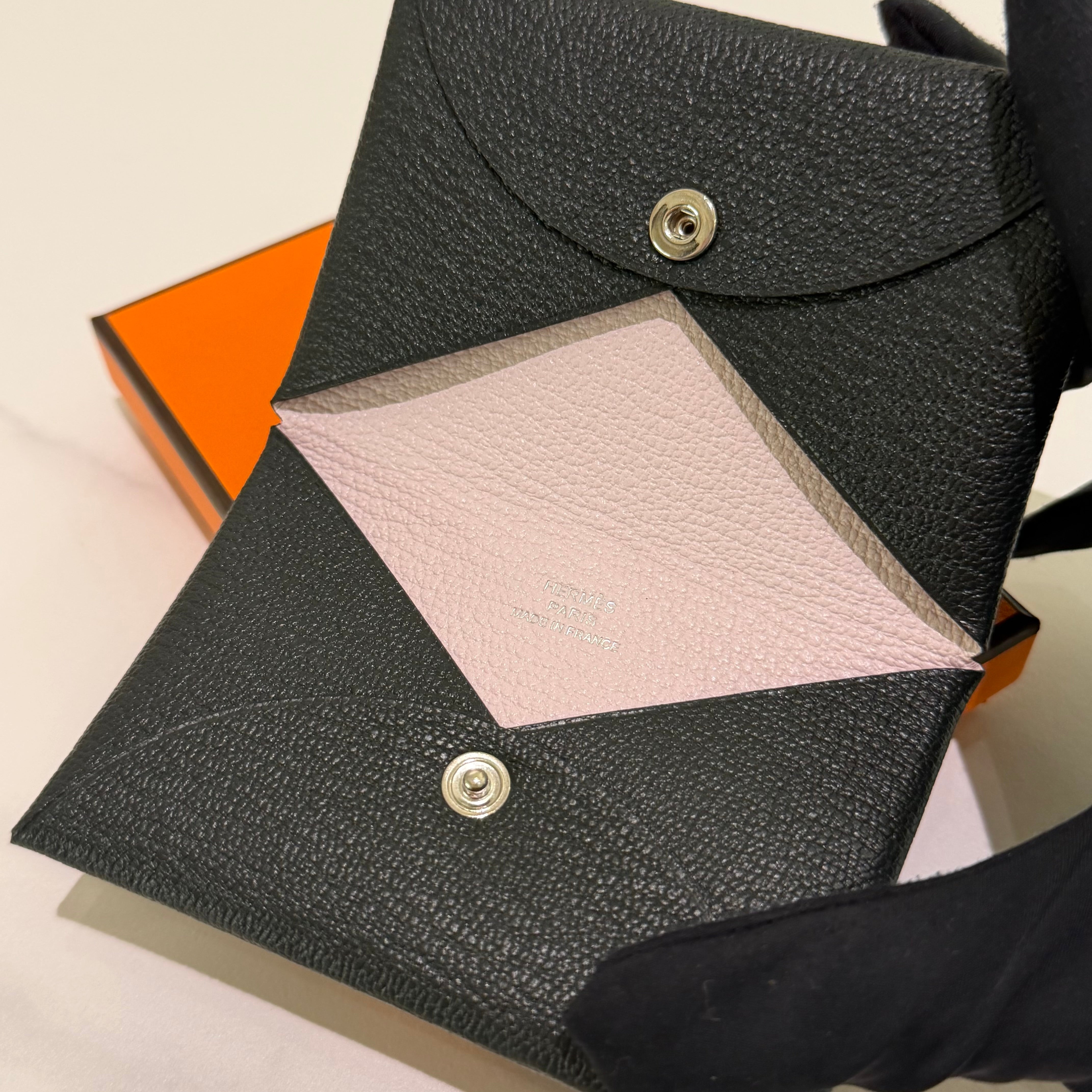 Hermes Calvi Verso Card Holder W Stamp Bleu Ocean / Mauve Pale