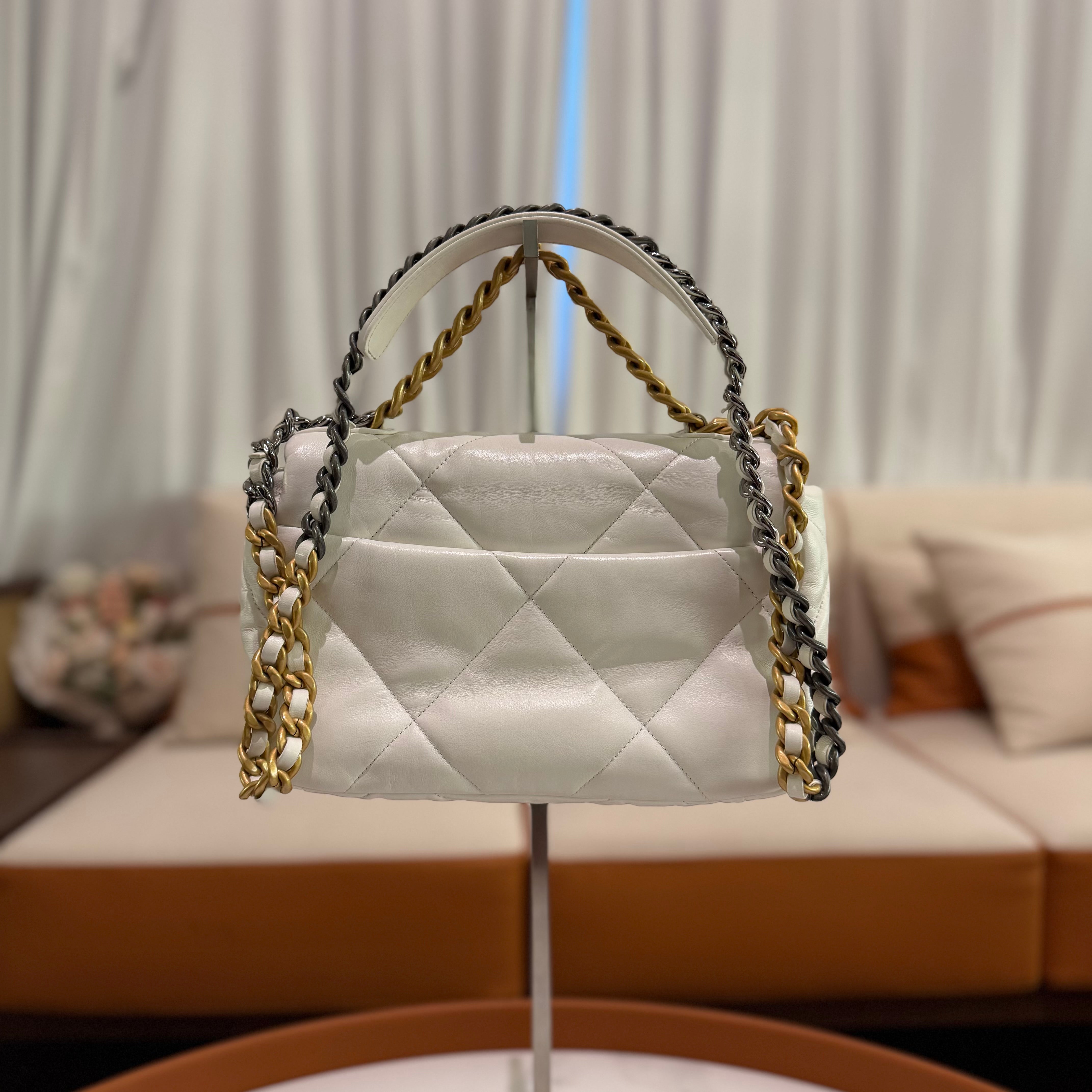Chanel 19 Bag Small White Lambskin with Two-Tone Chain (Chip Model)