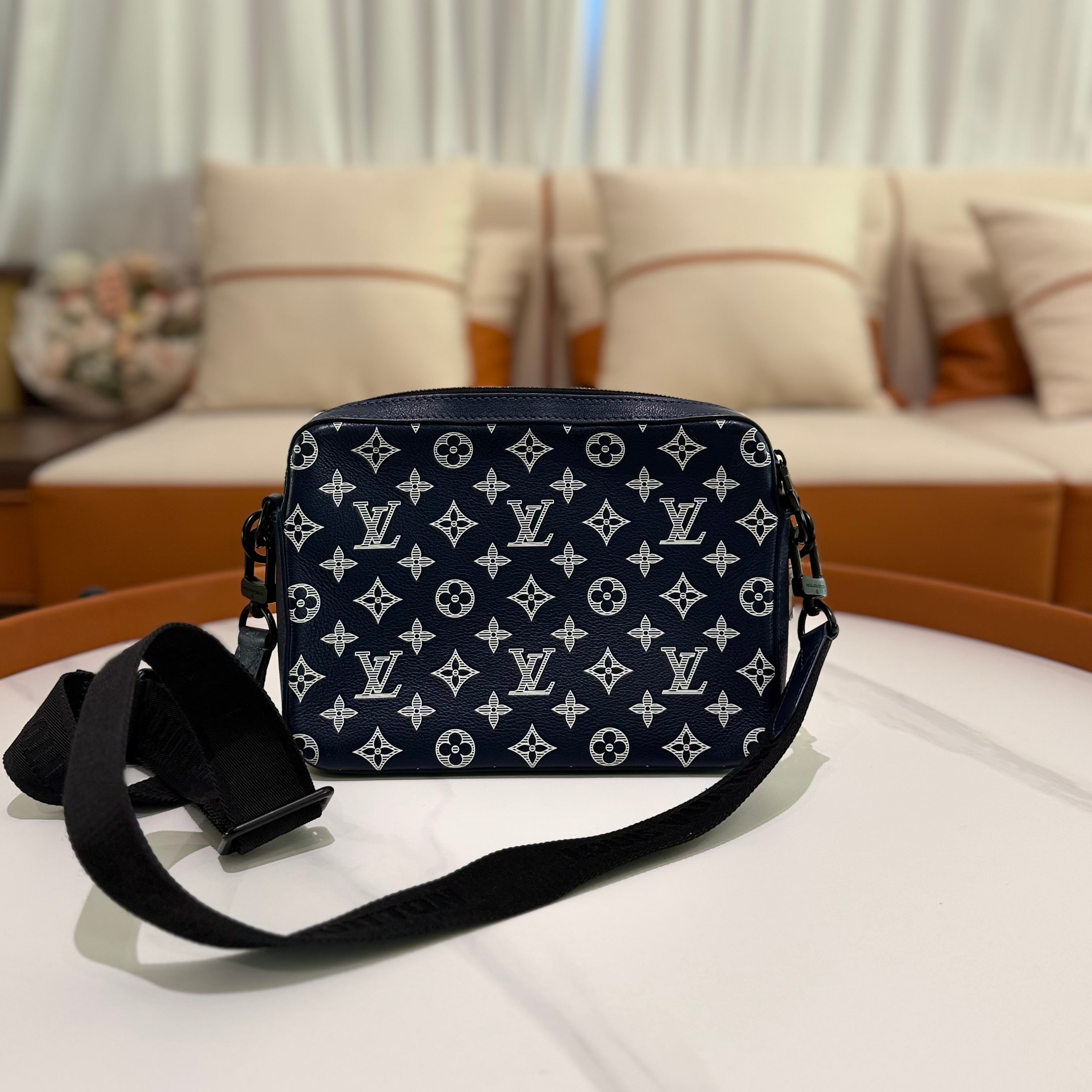 Louis Vuitton Trio Navy Blue & White Embossed Messenger Bag (Missing Coin Pouch)