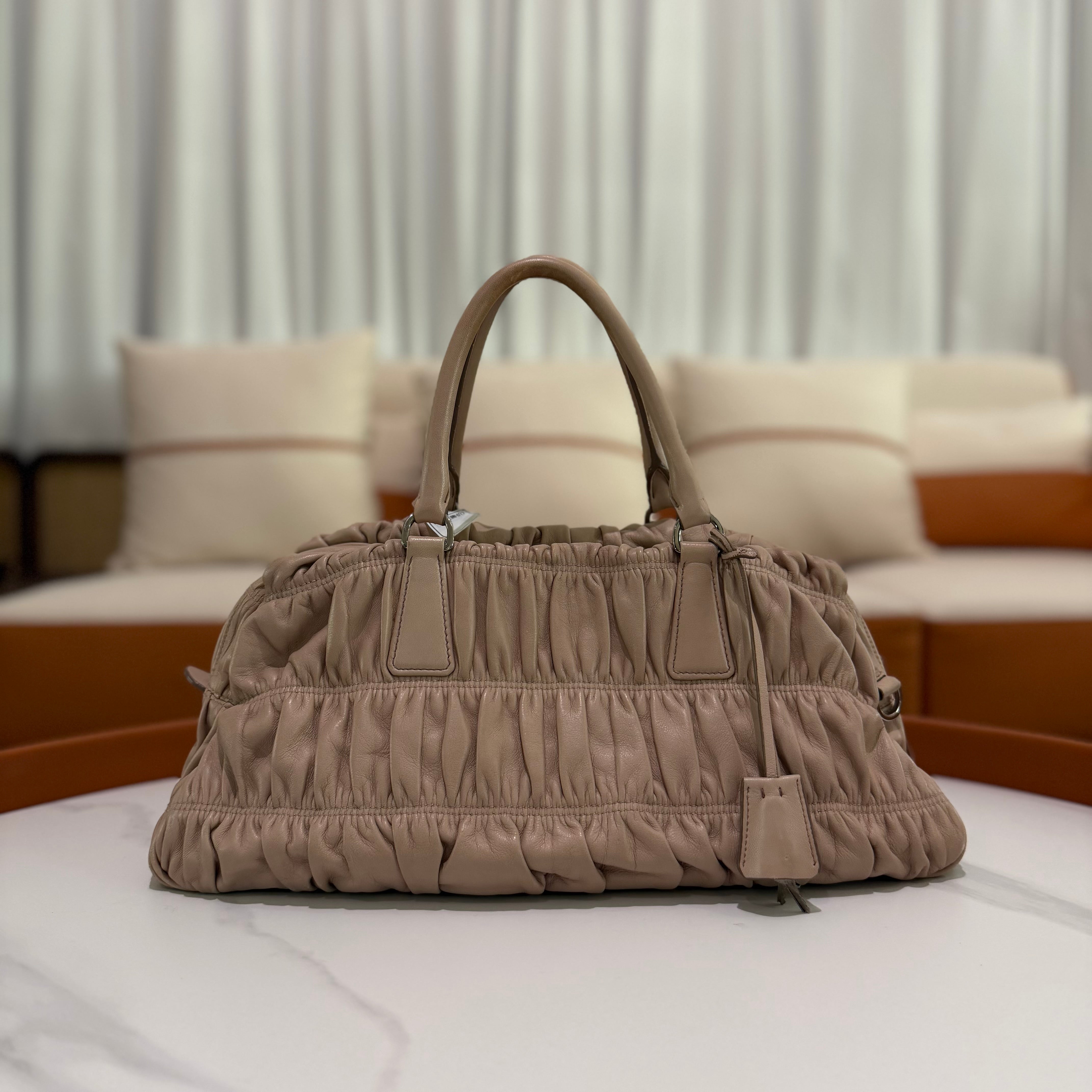 Prada Beige Gathered Leather Top Handle Bag with Silver Hardware