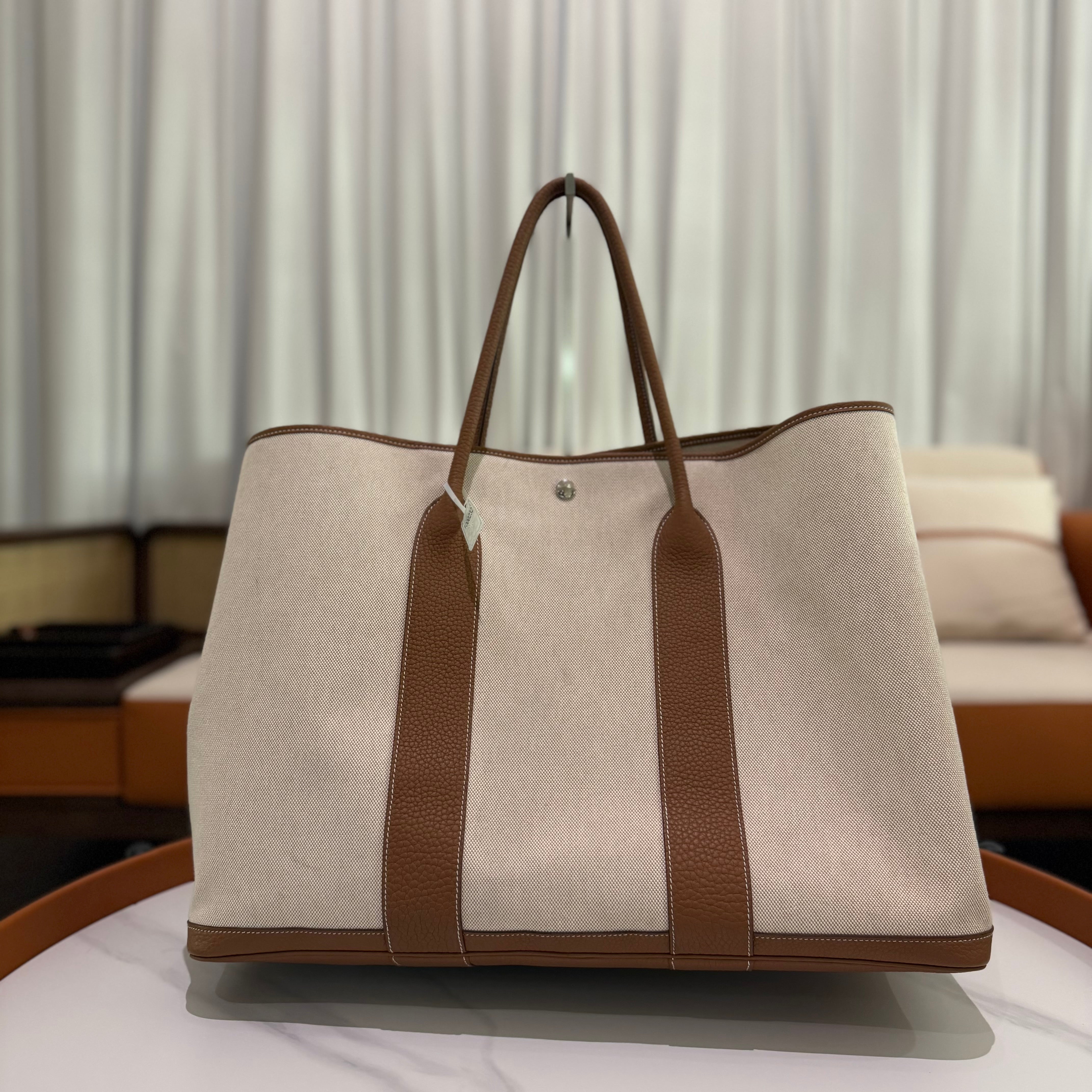 Hermes Garden Party 49 Gold Brown Canvas & Leather with Silver Hardware (Stamp B) | HERMES