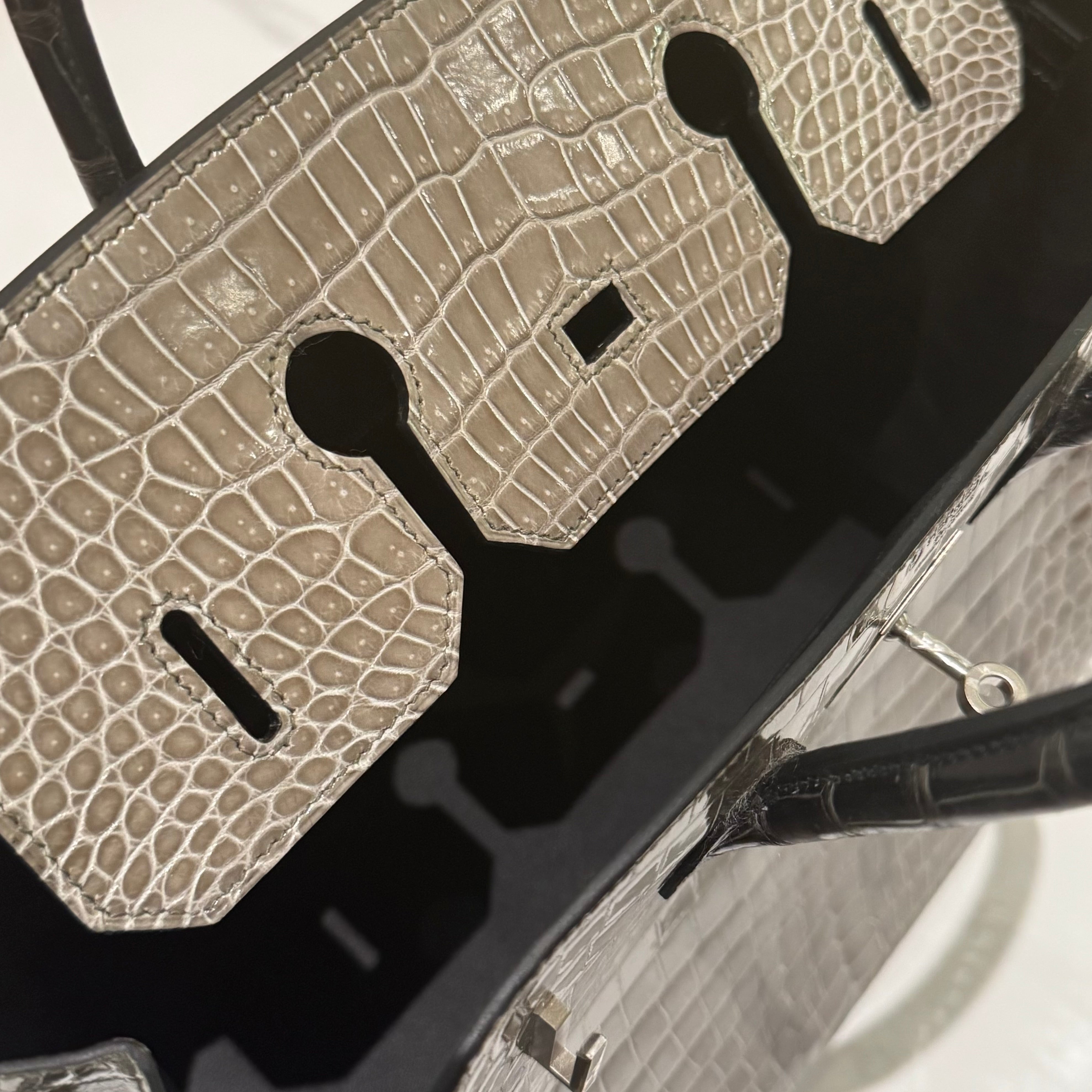 HERMÈS BIRKIN 35 GRIS TOURTERELLE CROCODILE POROSUS LISSE WITH BLACK HANDLE & PALLADIUM HARDWARE FULL STICKERS STAMP Y