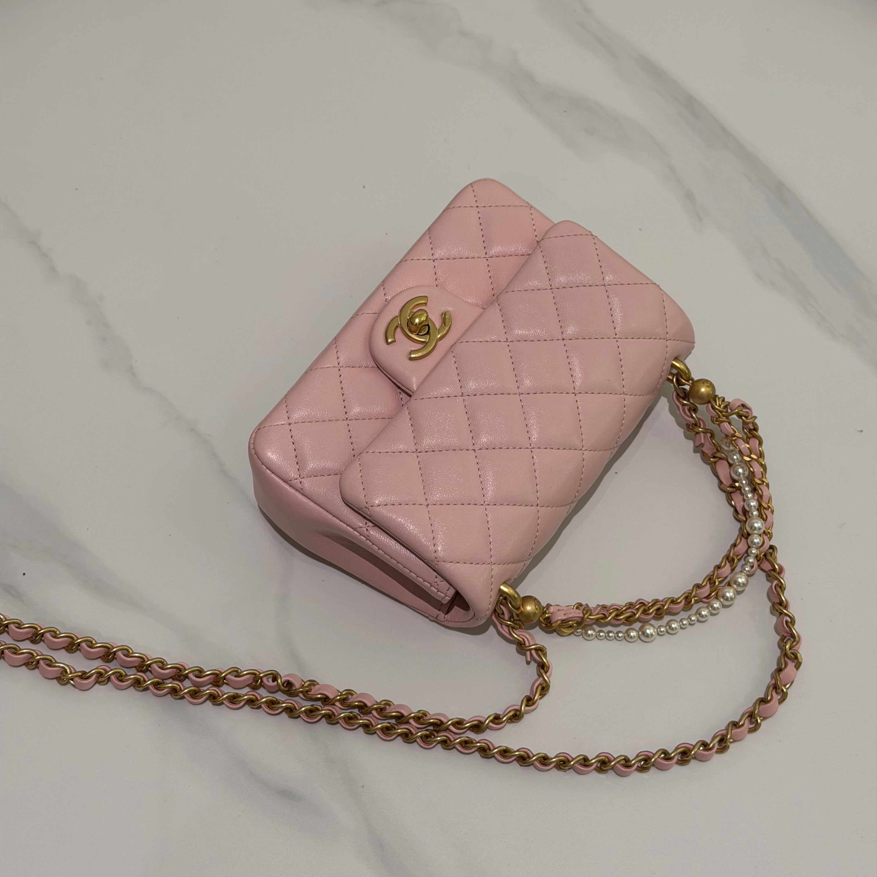 Chanel CF Mini Pink Lambskin Pearl Chain Bag