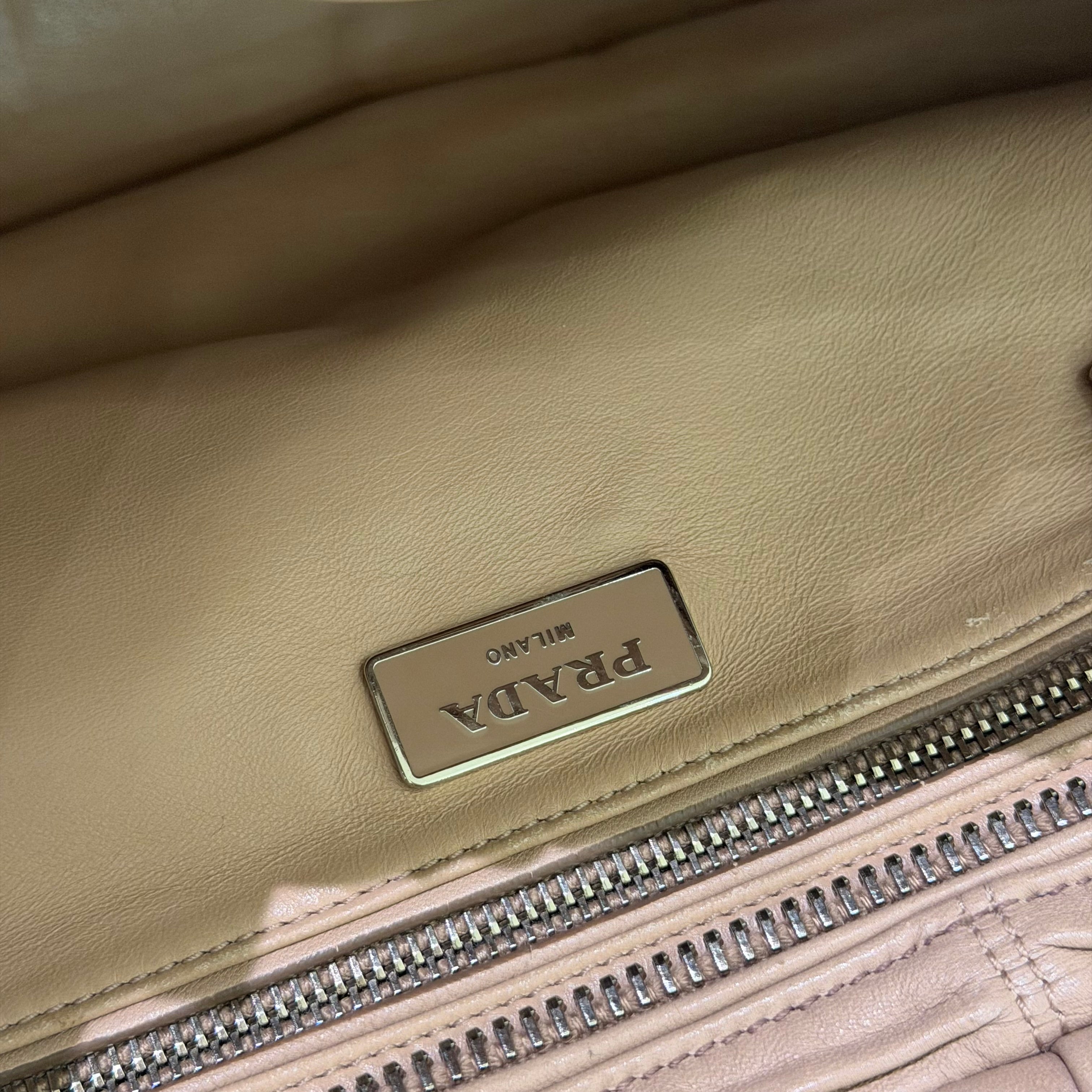 Prada Beige Gathered Leather Top Handle Bag with Silver Hardware