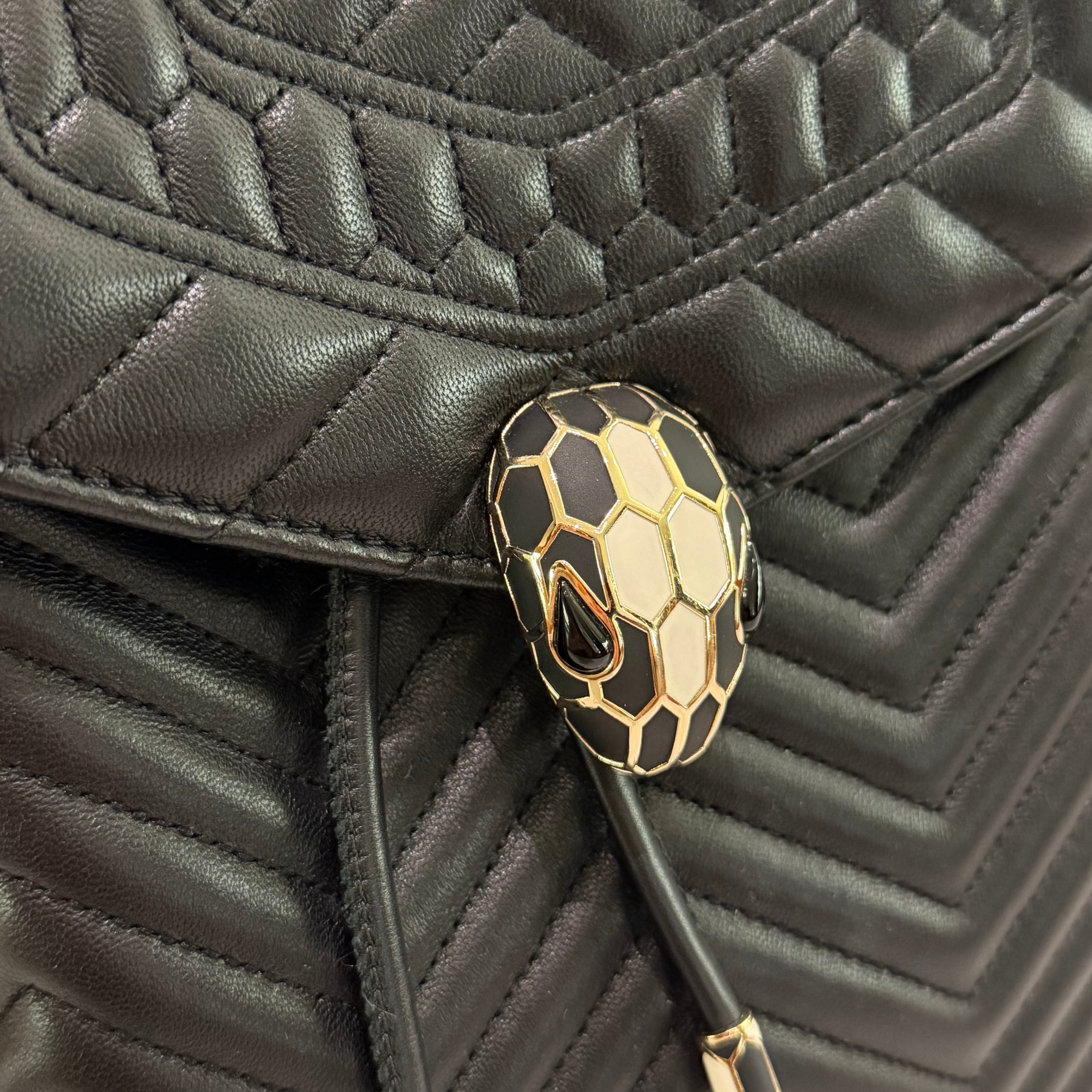 Bvlgari Serpenti Forever Black V-Quilted Enamel Snakehead Backpack | BVLGARI
