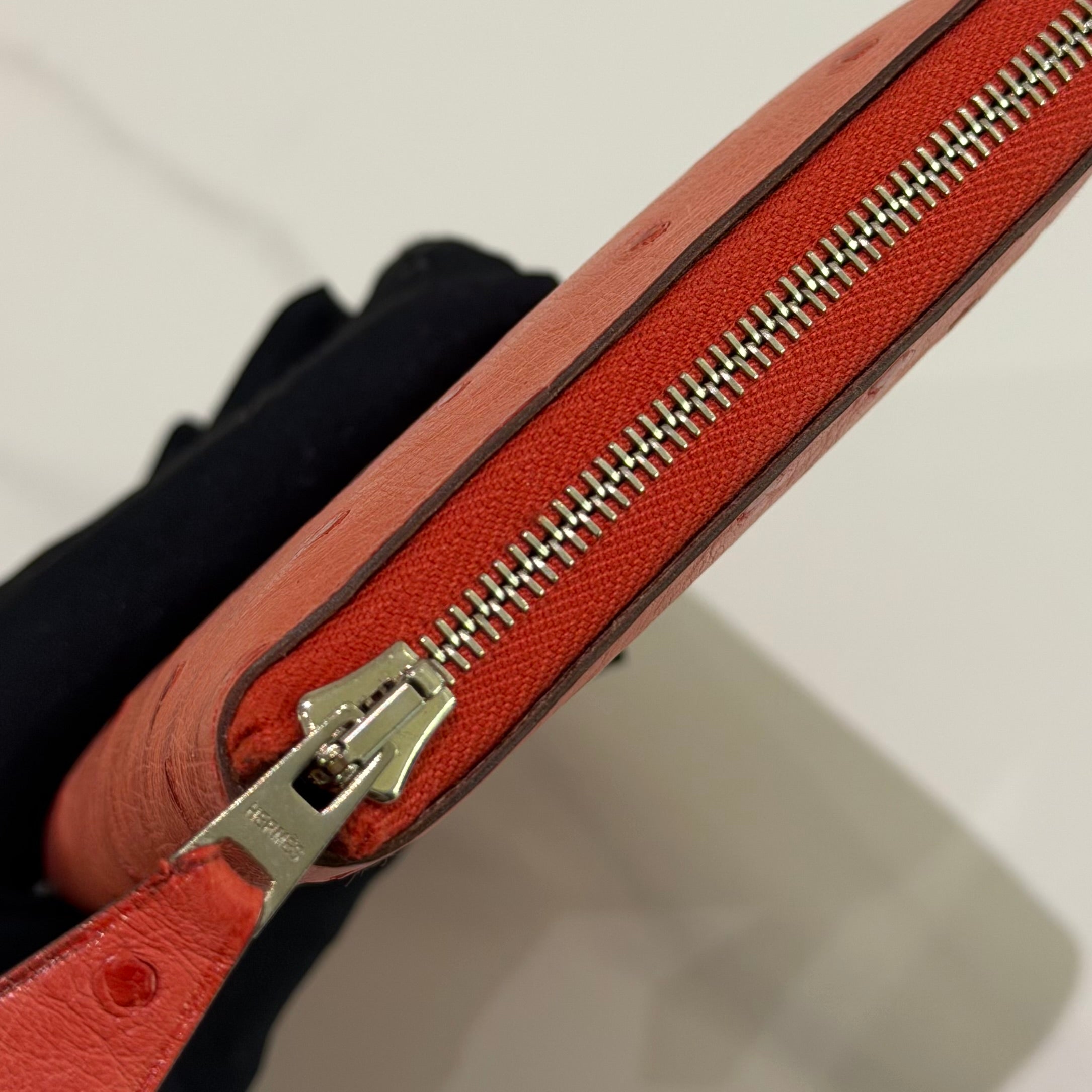 Hermes Ostrich Leather Long Zip Wallet Coral Pink