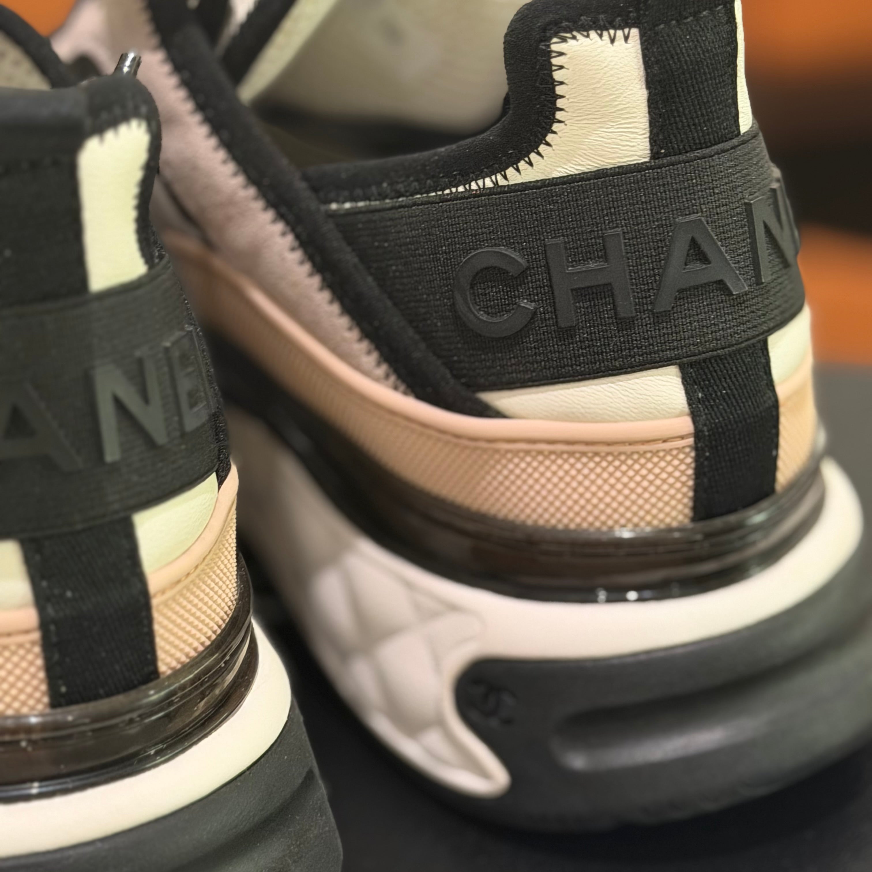 CHANEL White & Pink Casual Sneakers with Gold Logo