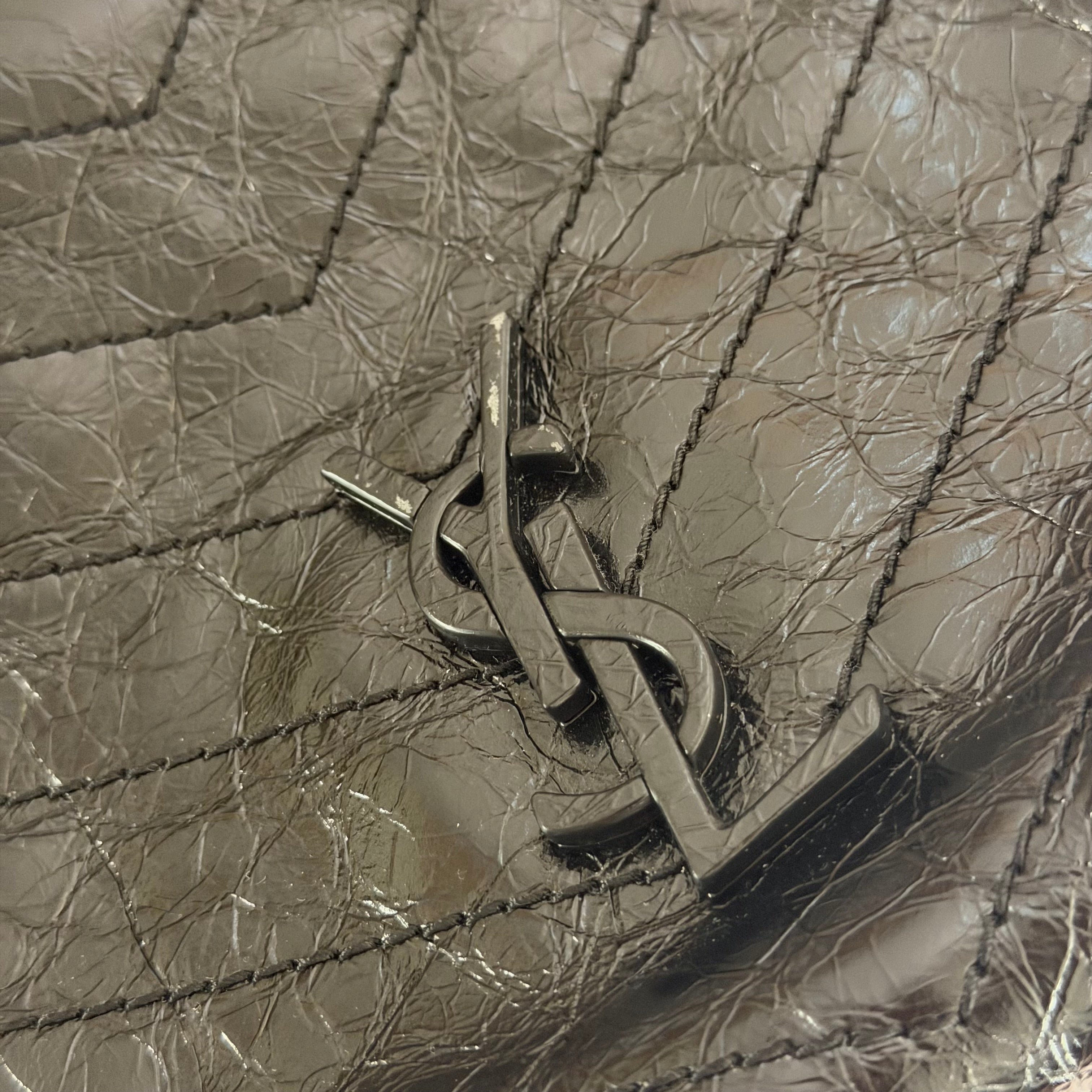 Saint Laurent Niki Shopping Bag Black Crinkled Leather with Silver Chain