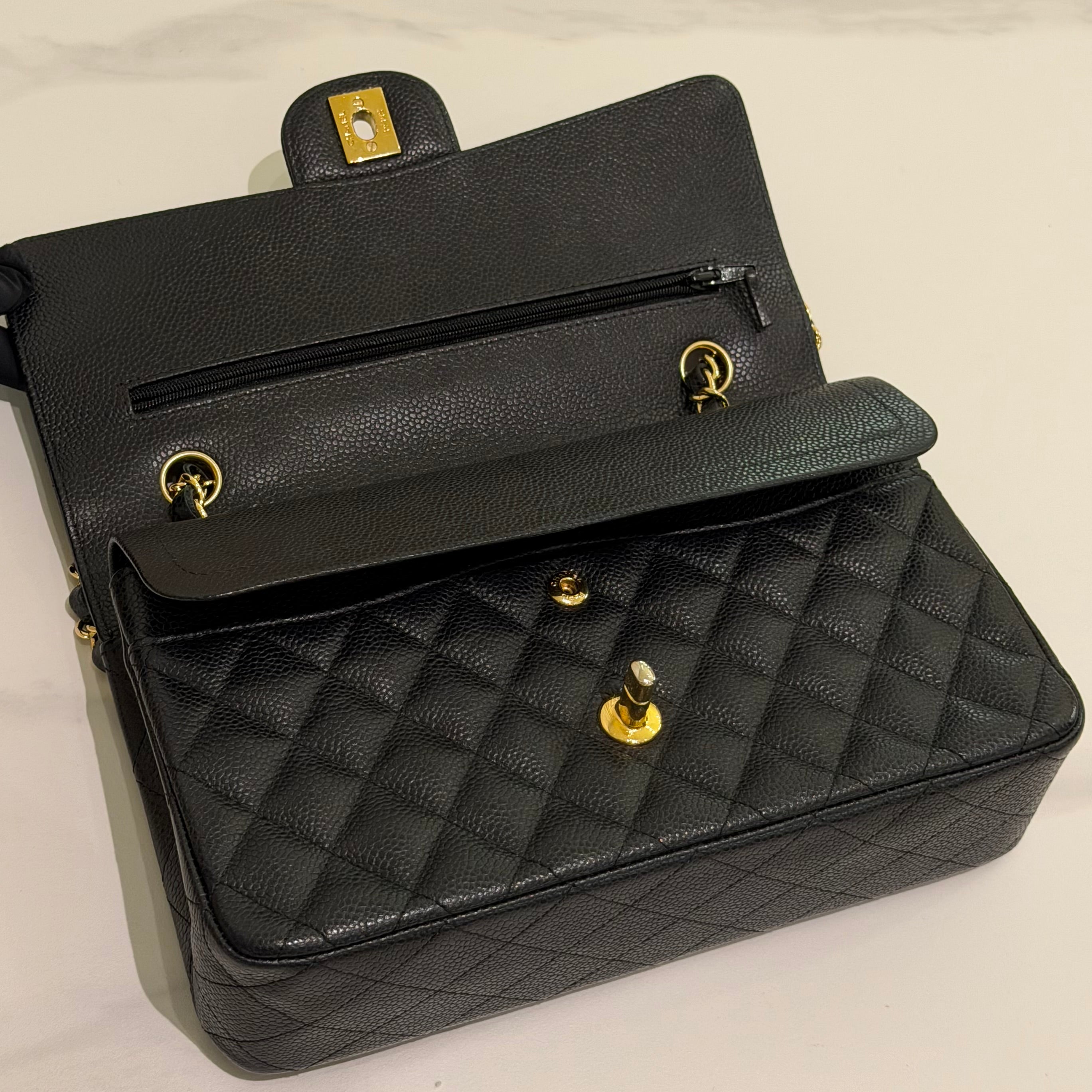 Chanel Classic Flap Medium Black Caviar Leather with Gold Hardware (Authenticity Card Version)