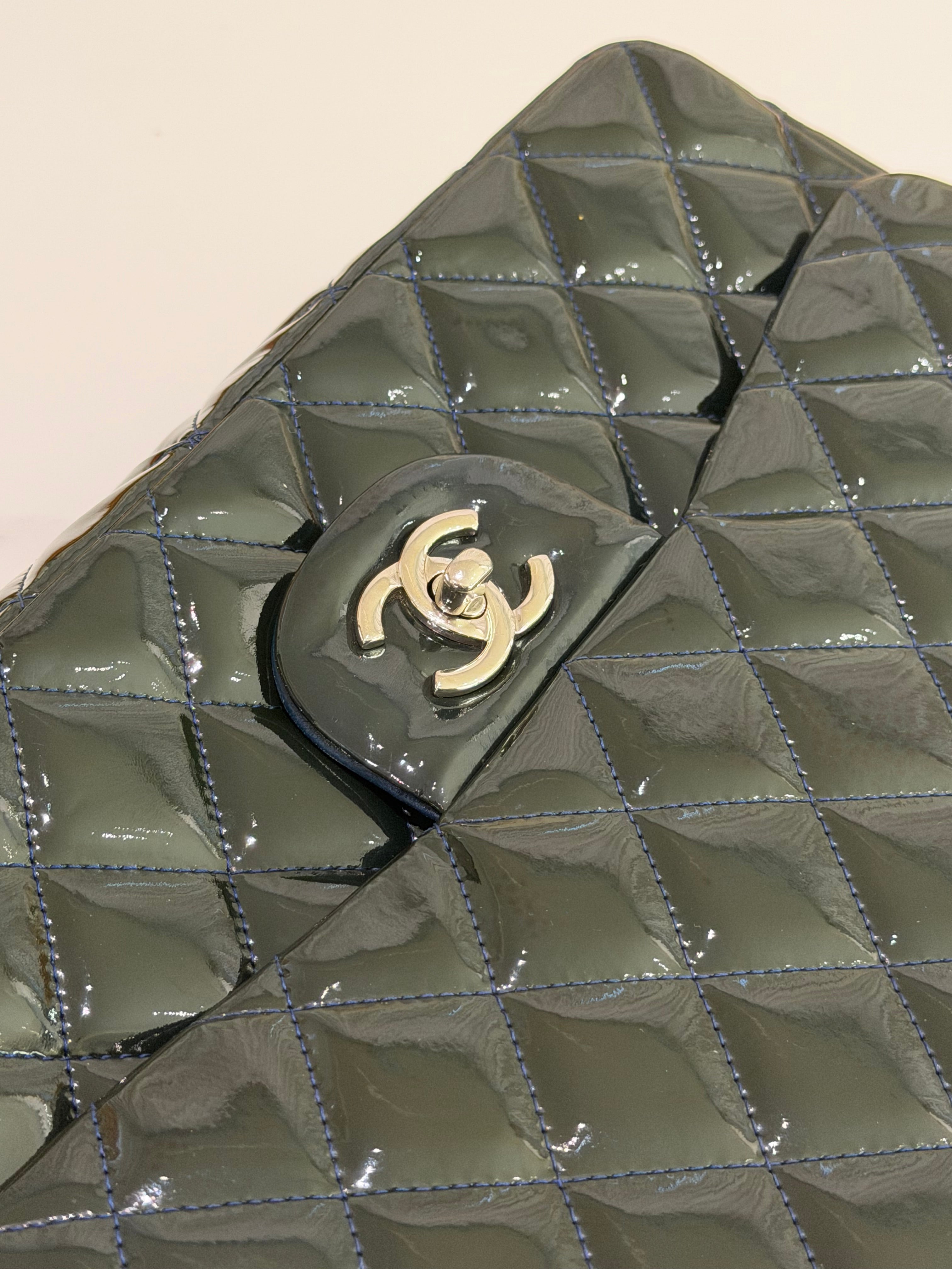 CHANEL Jumbo CF Green Patent Leather with Silver Hardware