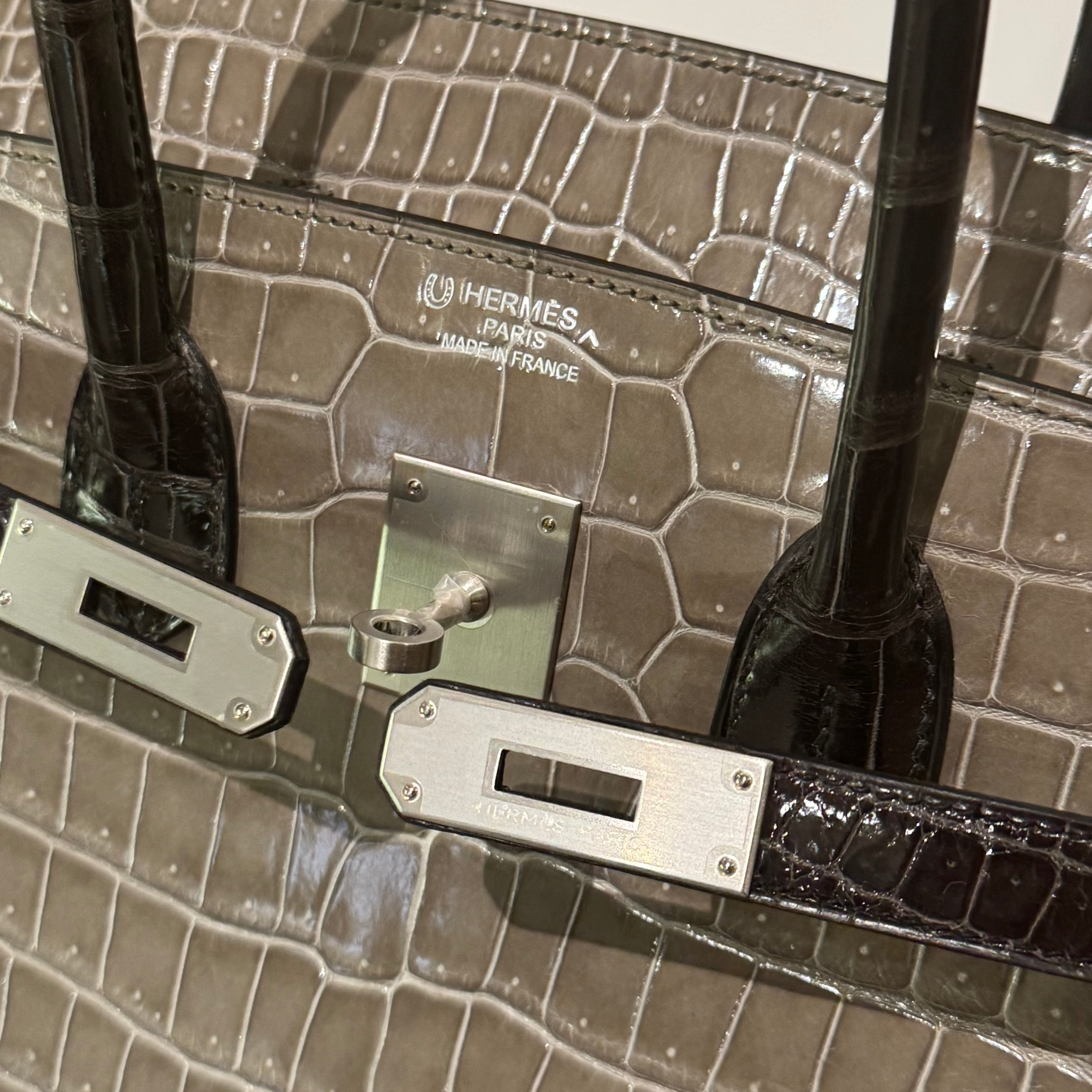 HERMÈS BIRKIN 35 GRIS TOURTERELLE CROCODILE POROSUS LISSE WITH BLACK HANDLE & PALLADIUM HARDWARE FULL STICKERS STAMP Y