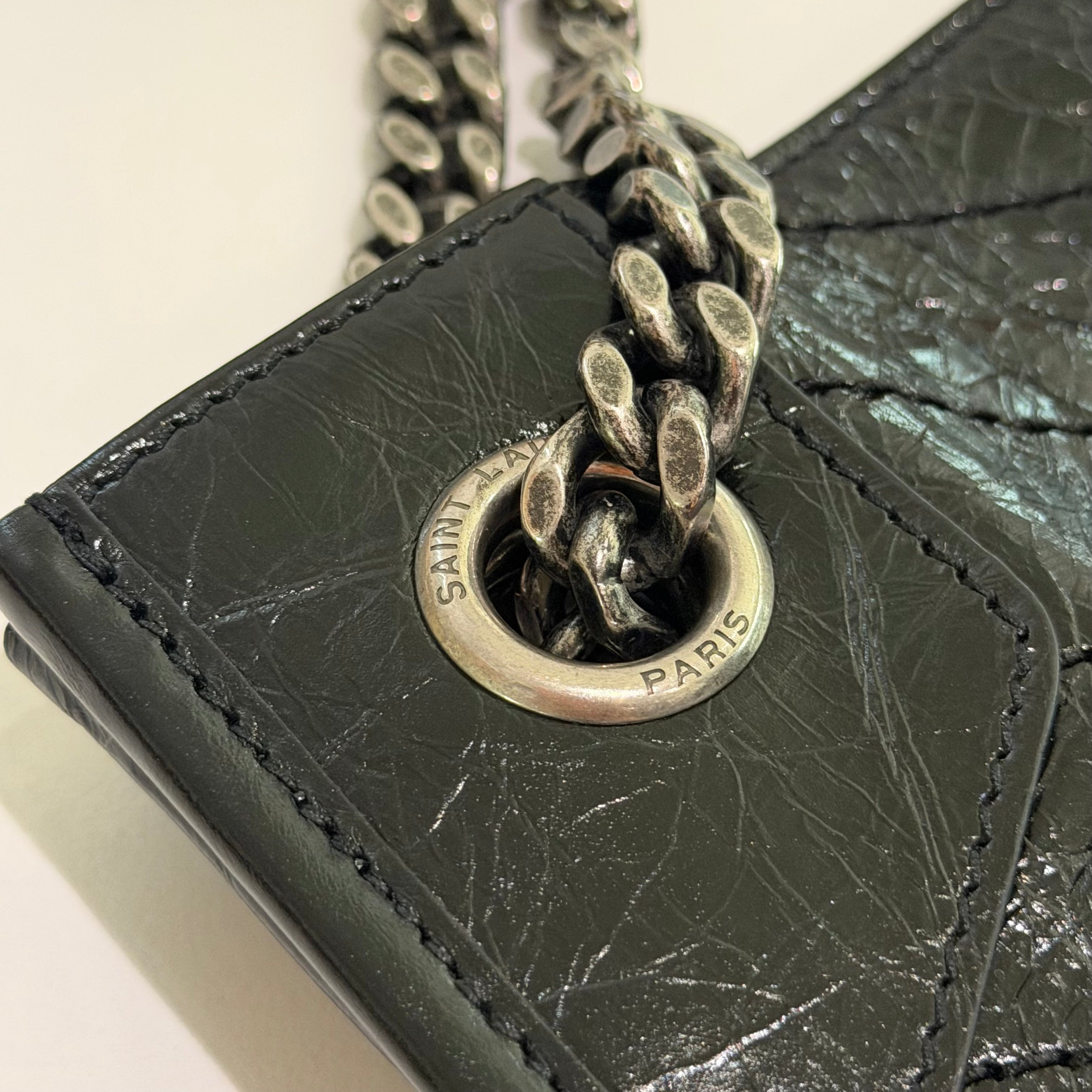 Saint Laurent Niki Shopping Bag Black Crinkled Leather with Silver Chain