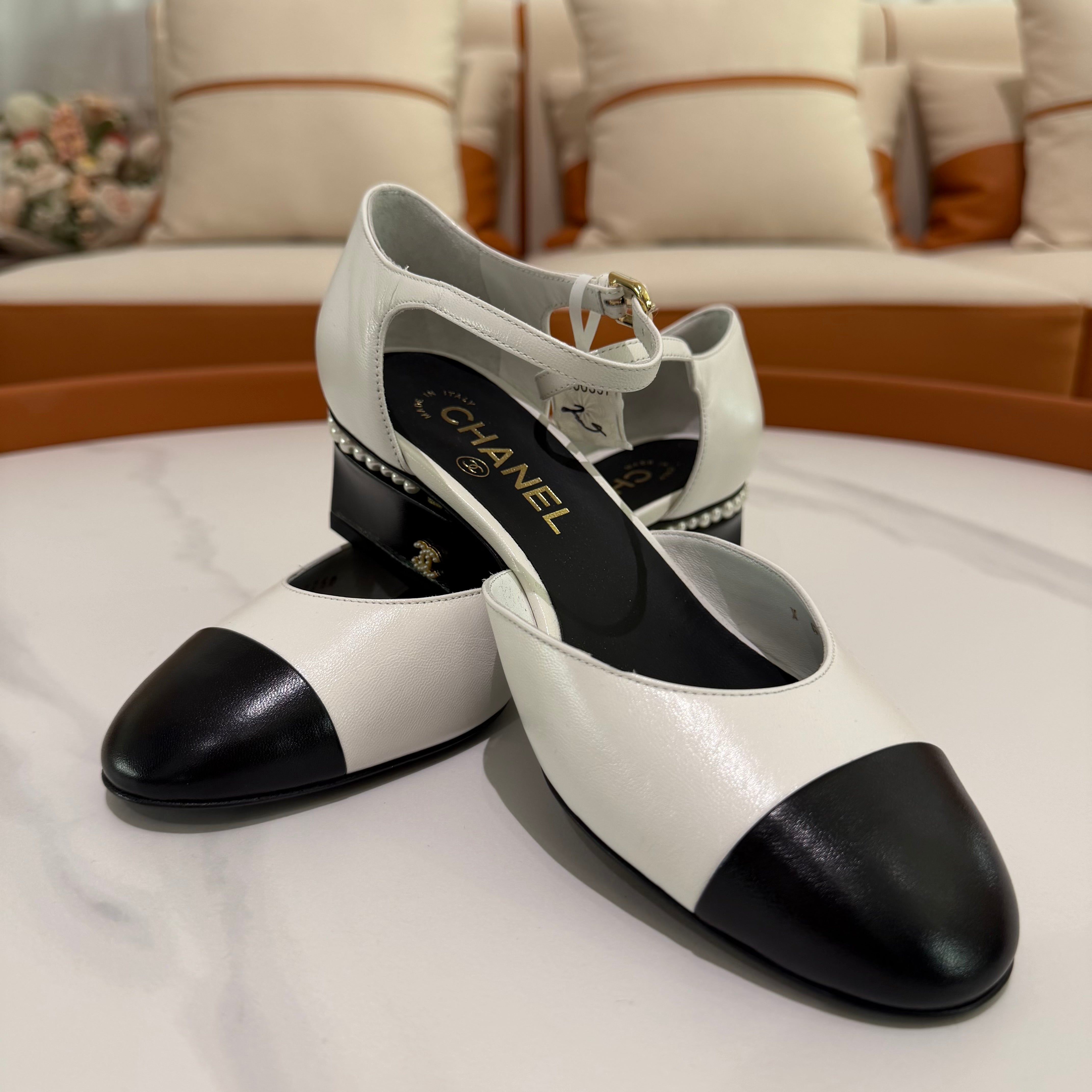 Chanel Pearl Heel Mary Jane Lambskin Shoes