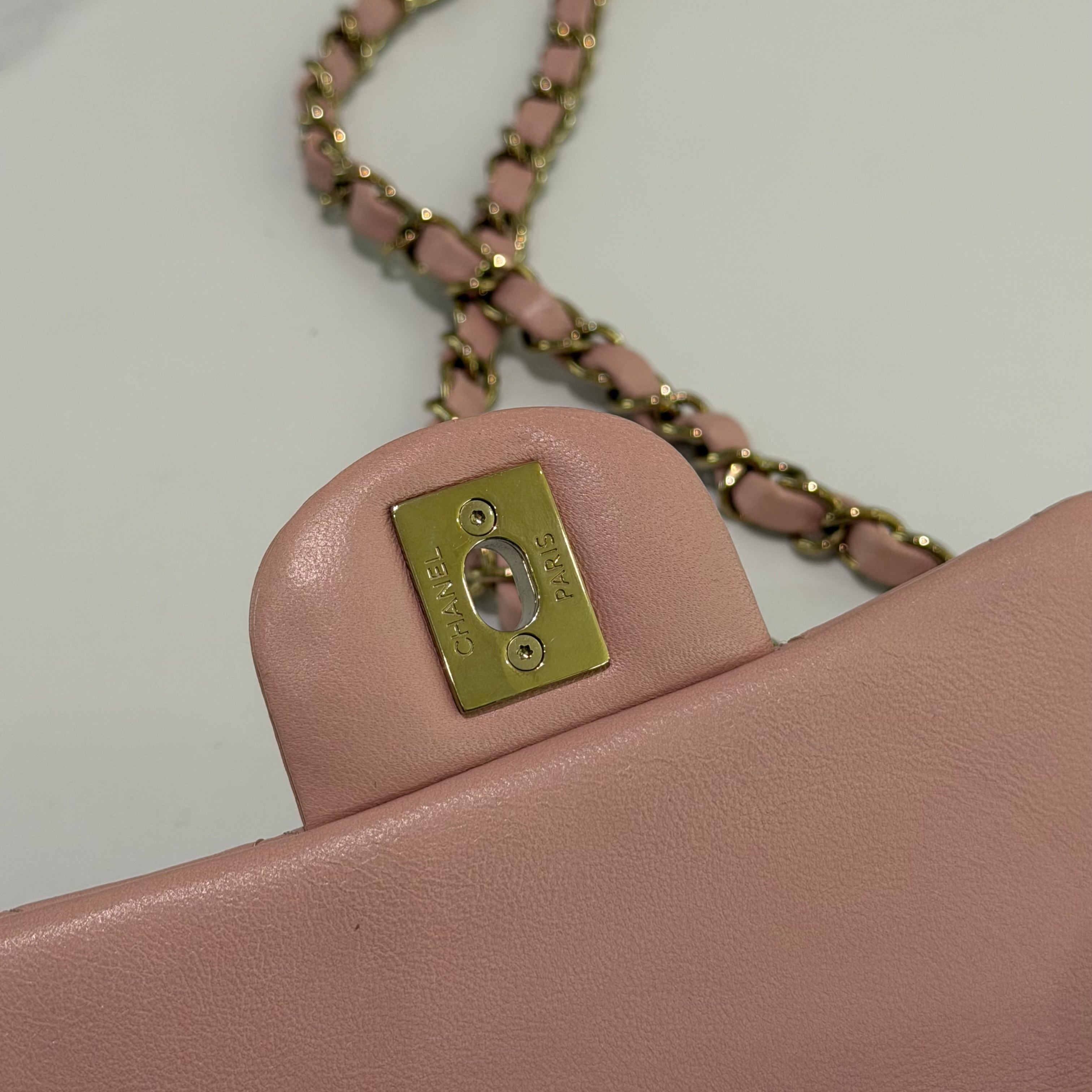 CHANEL CLASSIC FLAP MINI RECTANGULAR PINK LAMBSKIN WITH GOLD HARDWARE (CHIP MODEL)