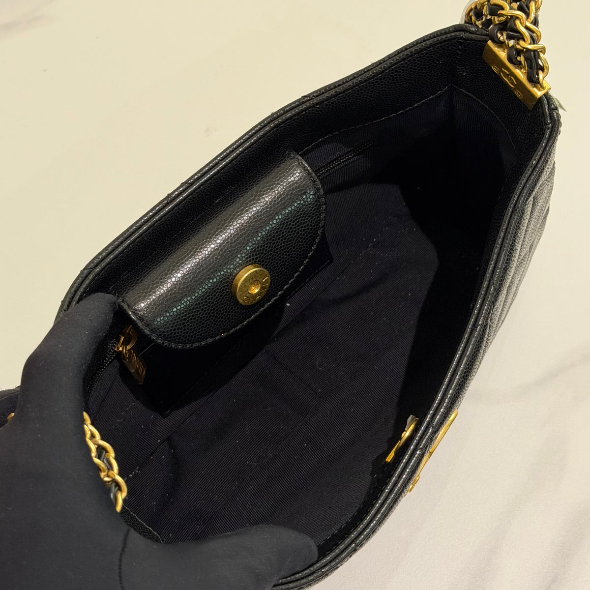Chanel Hobo Bag Black Caviar Leather with Gold Hardware (Chip Model)