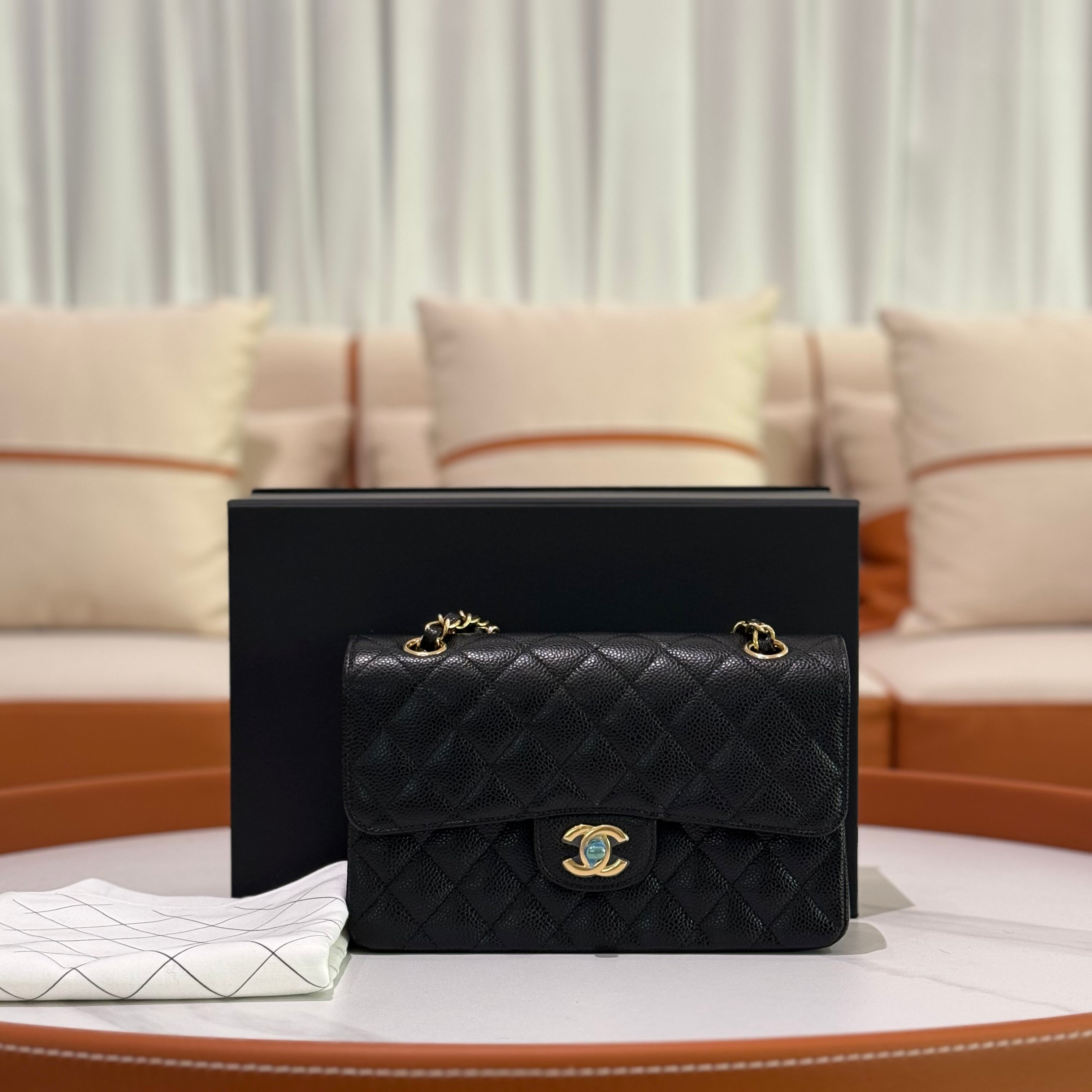 CHANEL CF SMALL BLACK CAVIAR LEATHER WITH GOLD HARDWARE – MICROCHIP MODEL
