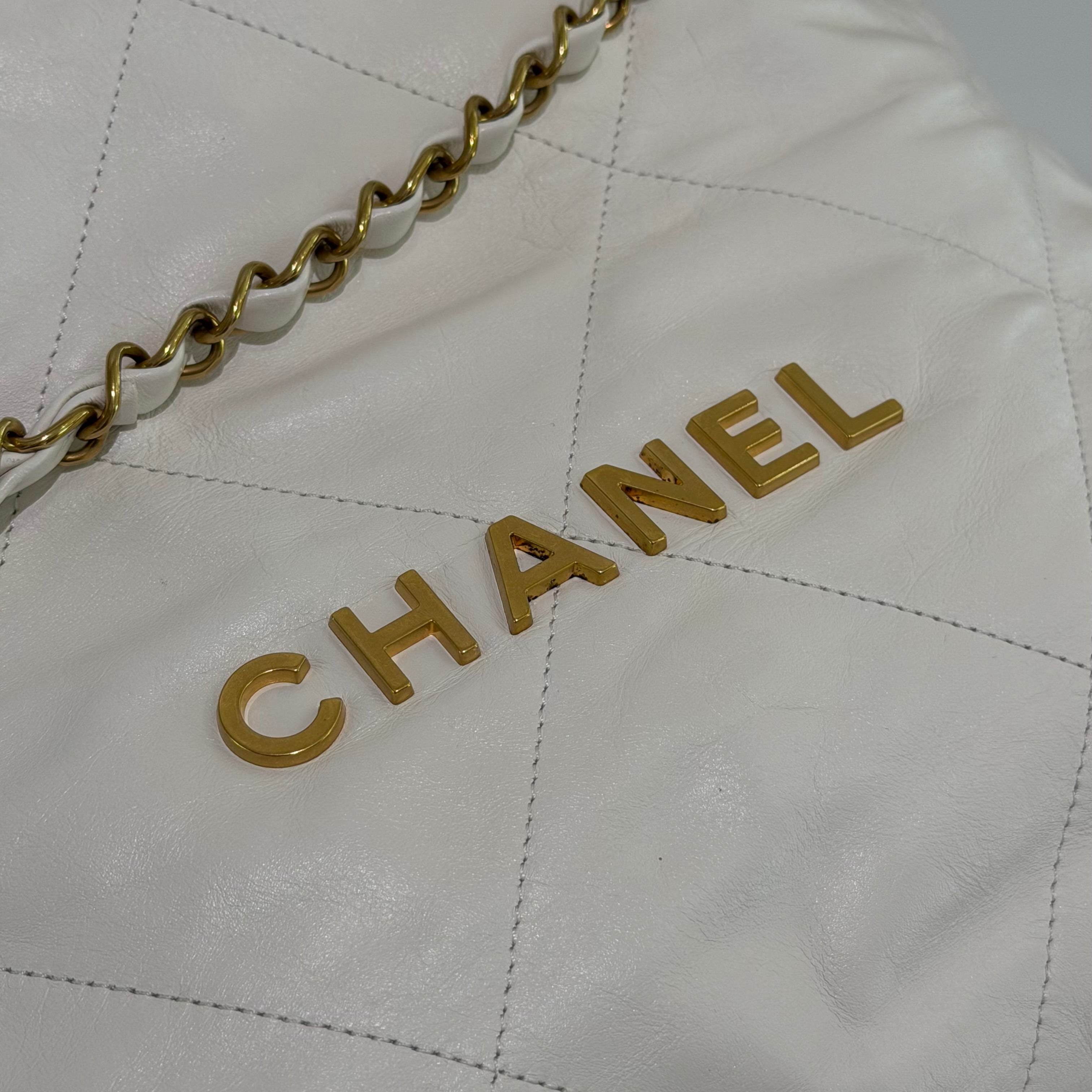 Chanel 22 Small Bag White Shiny Calfskin with Gold Hardware (Chip Model)