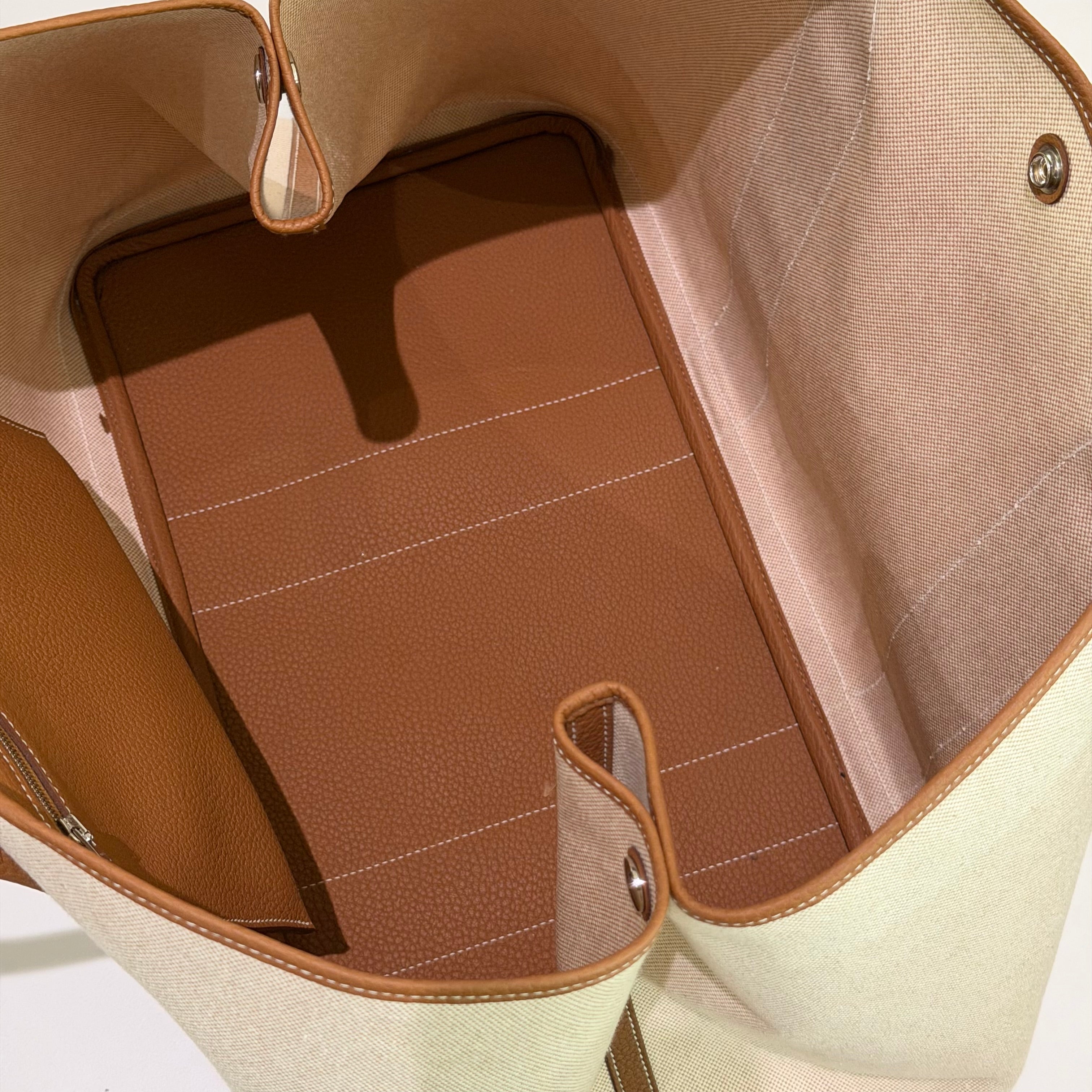 Hermes Garden Party 49 Gold Brown Canvas & Leather with Silver Hardware (Stamp B) | HERMES