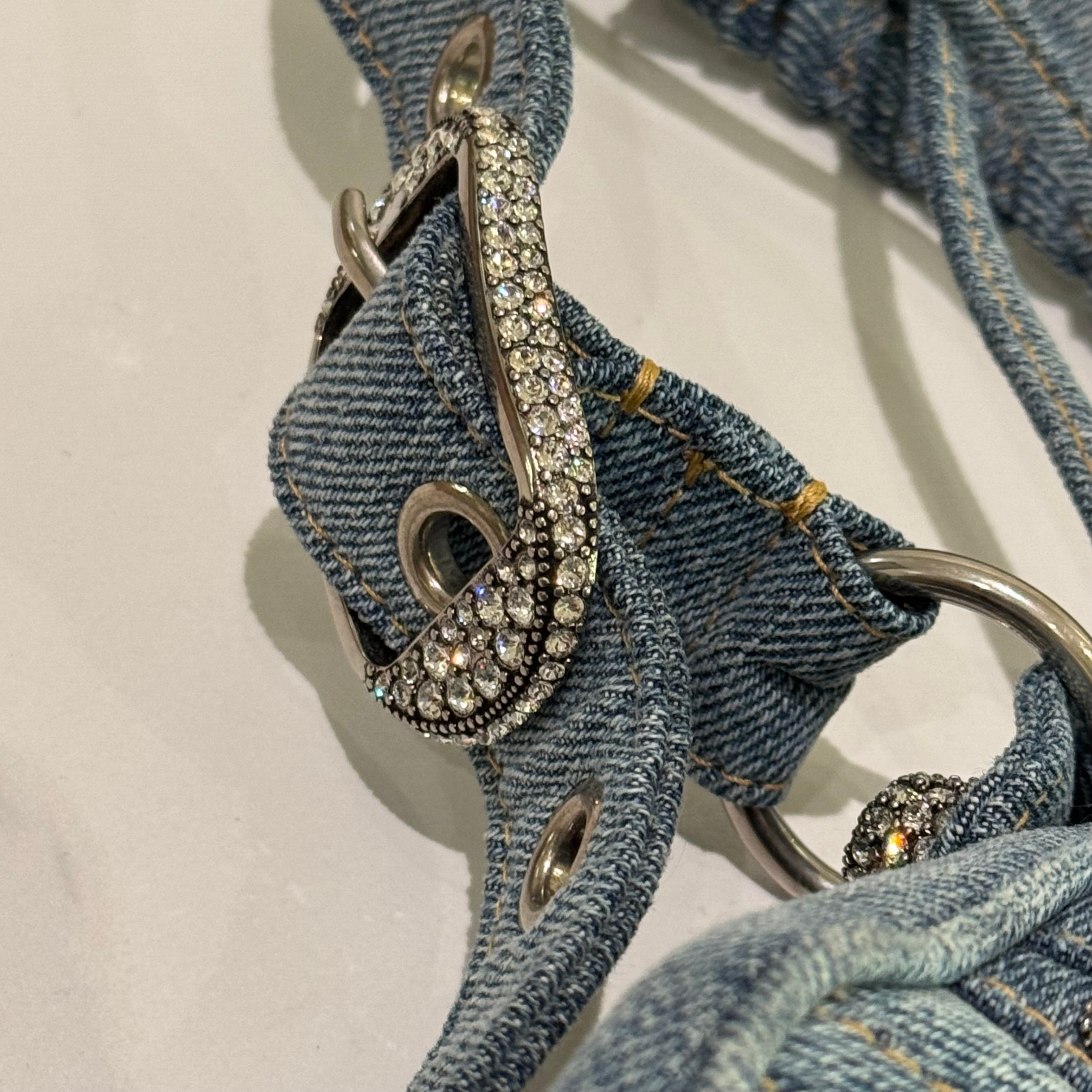 BALENCIAGA LE CAGOLE XS DENIM RHINESTONE MOON BAG