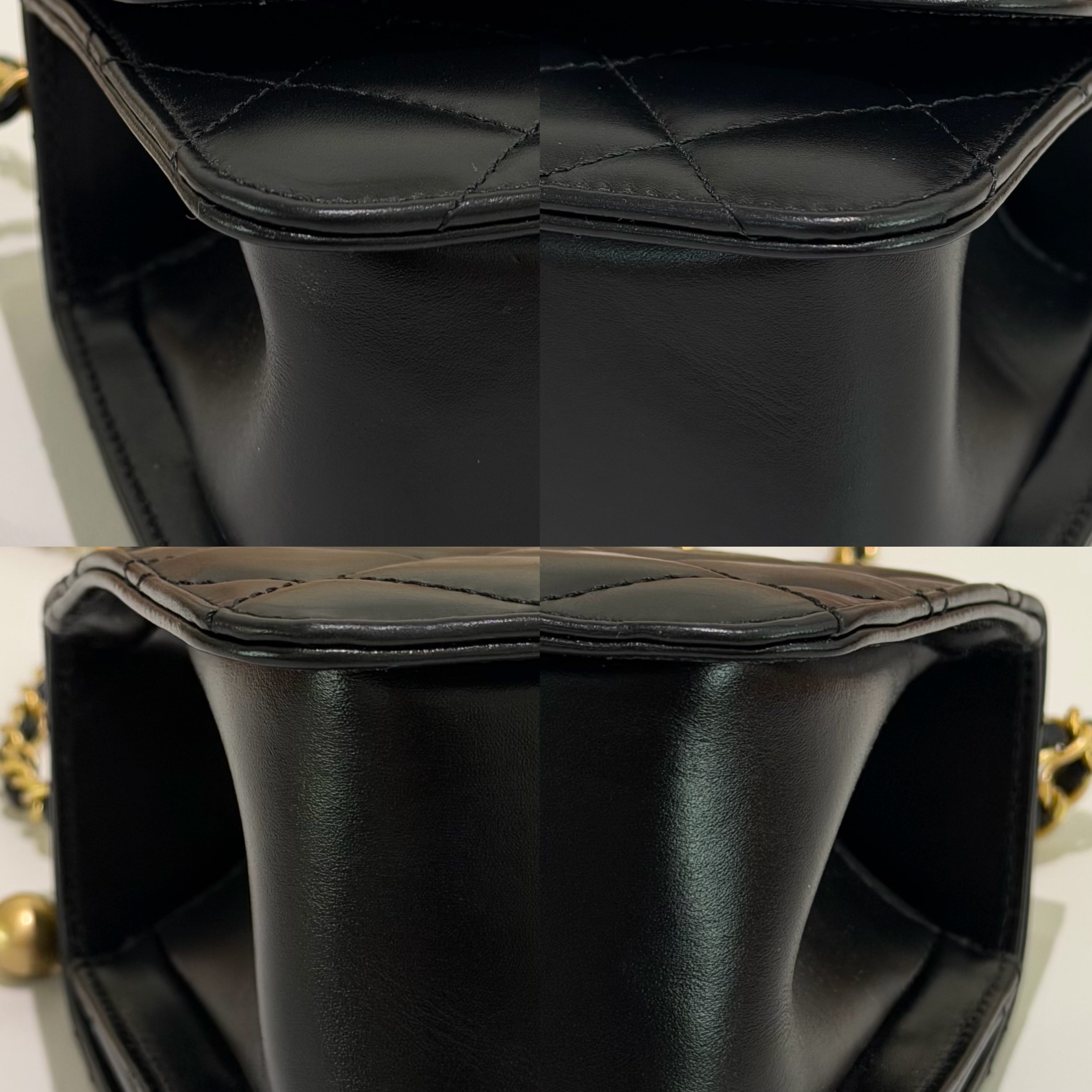 Chanel Black Glossy Calfskin Double Pearl Chain Flap Bag with Gold Hardware(Chip Model)