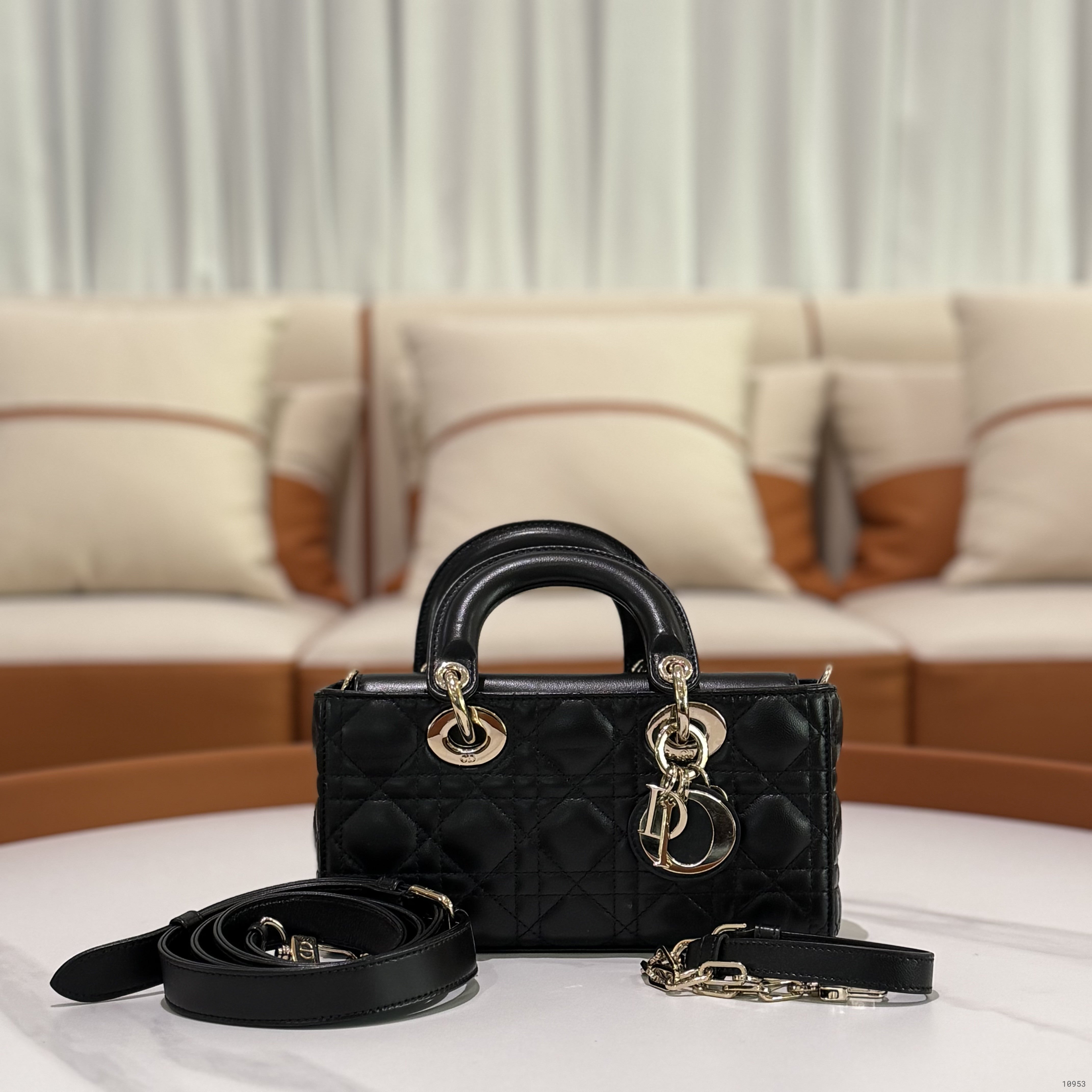 LADY DIOR HORIZONTAL SMALL BAG BLACK LAMBSKIN WITH GOLD HARDWARE