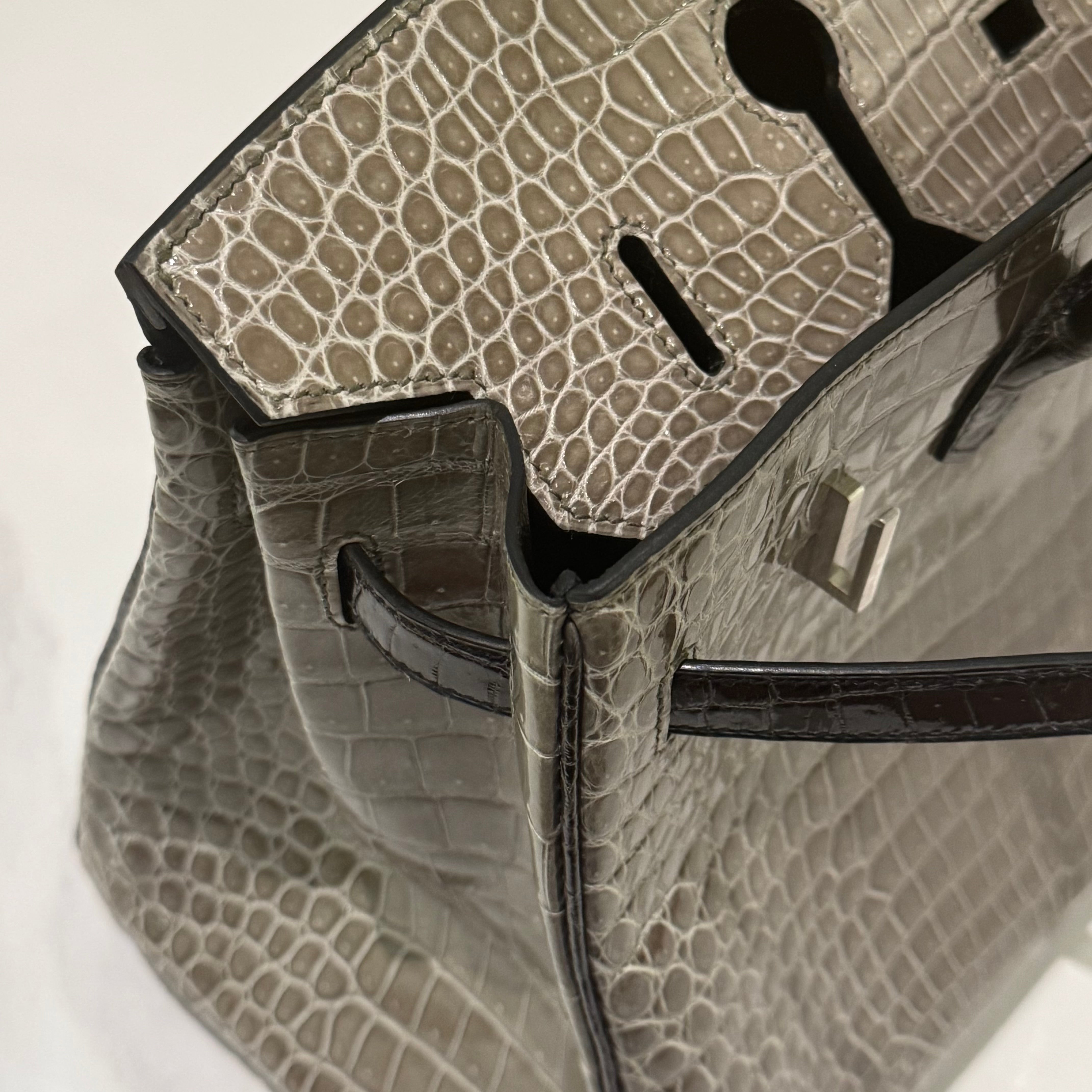 HERMÈS BIRKIN 35 GRIS TOURTERELLE CROCODILE POROSUS LISSE WITH BLACK HANDLE & PALLADIUM HARDWARE FULL STICKERS STAMP Y