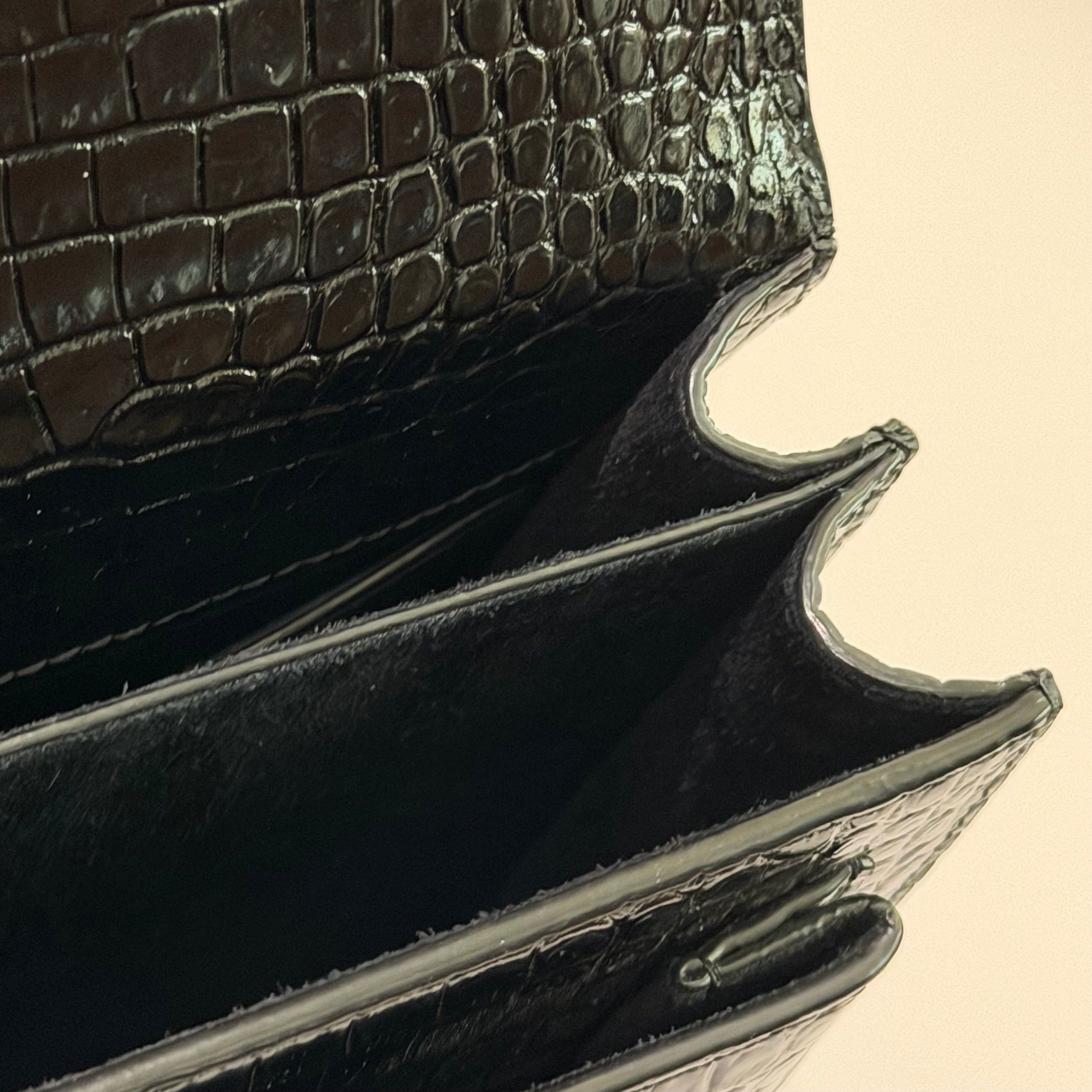 SAINT LAURENT SUNSET MEDIUM BLACK CROCODILE-EMBOSSED SHOULDER BAG